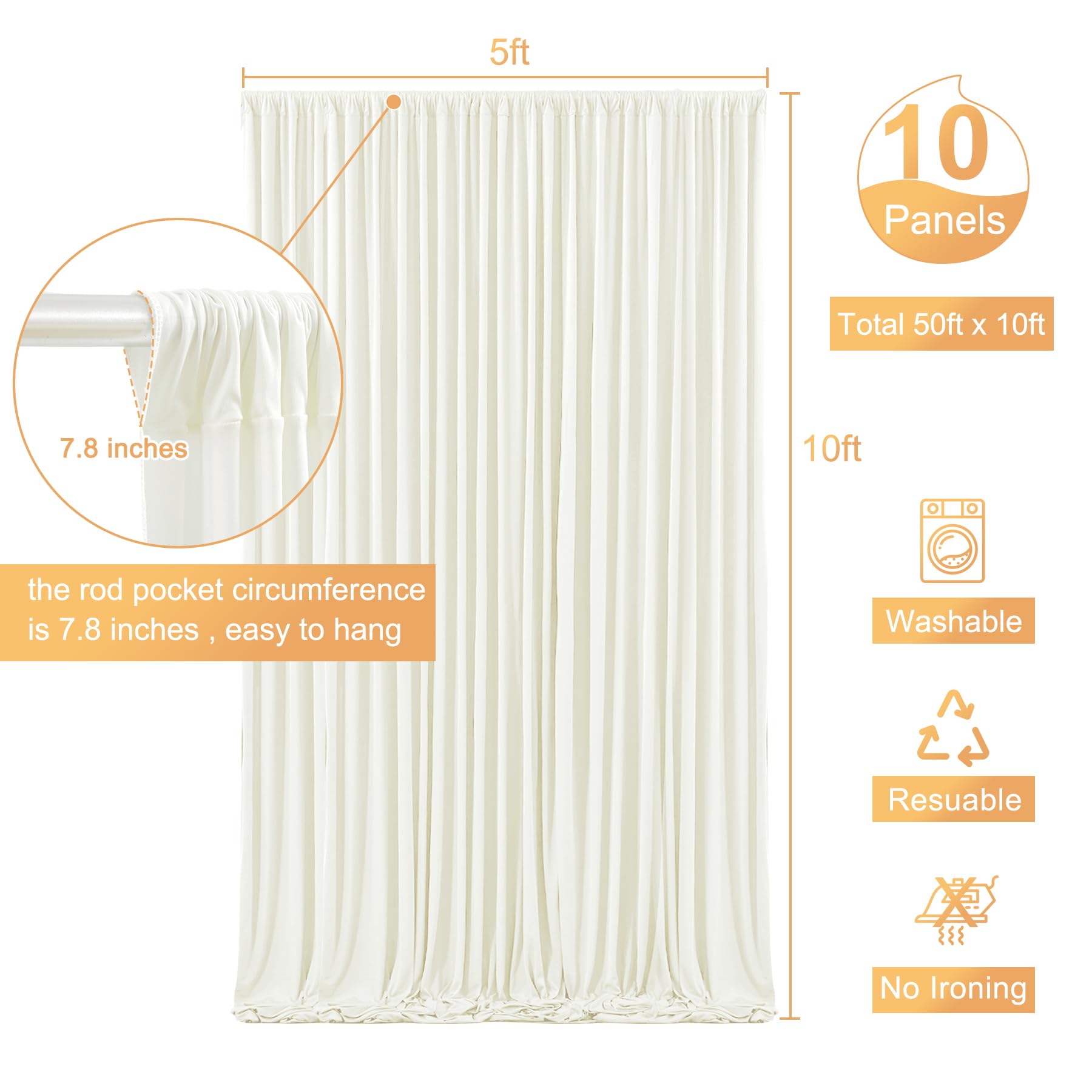 50ft x 10ft Ivory Backdrop Curtain for Wedding Ivory Wrinkle Free Backdrop Drapes Panels for Parties Baby Shower Bridal Shower Birthday Photo Photography Polyester Fabric Background Decoration — view 5