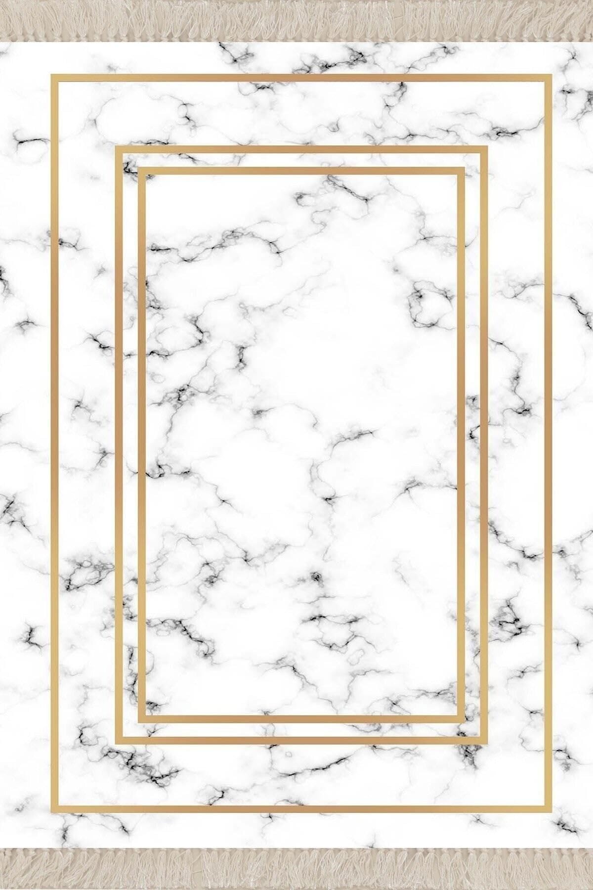 Pelangi Beyaz Zemin Gold Çerçeveli Mermer Desenli Dijital Baskı Yıkanabilir Modern Salon Halı Ve Yolluk, Gold-Beyaz 160 x 250