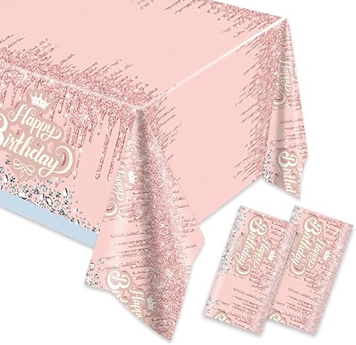 Mantel de fiesta de feliz cumpleaños rosa y plateado con diamantes con purpurina para decoración de fiesta de niño y niña, 70 x 51 pulgadas para