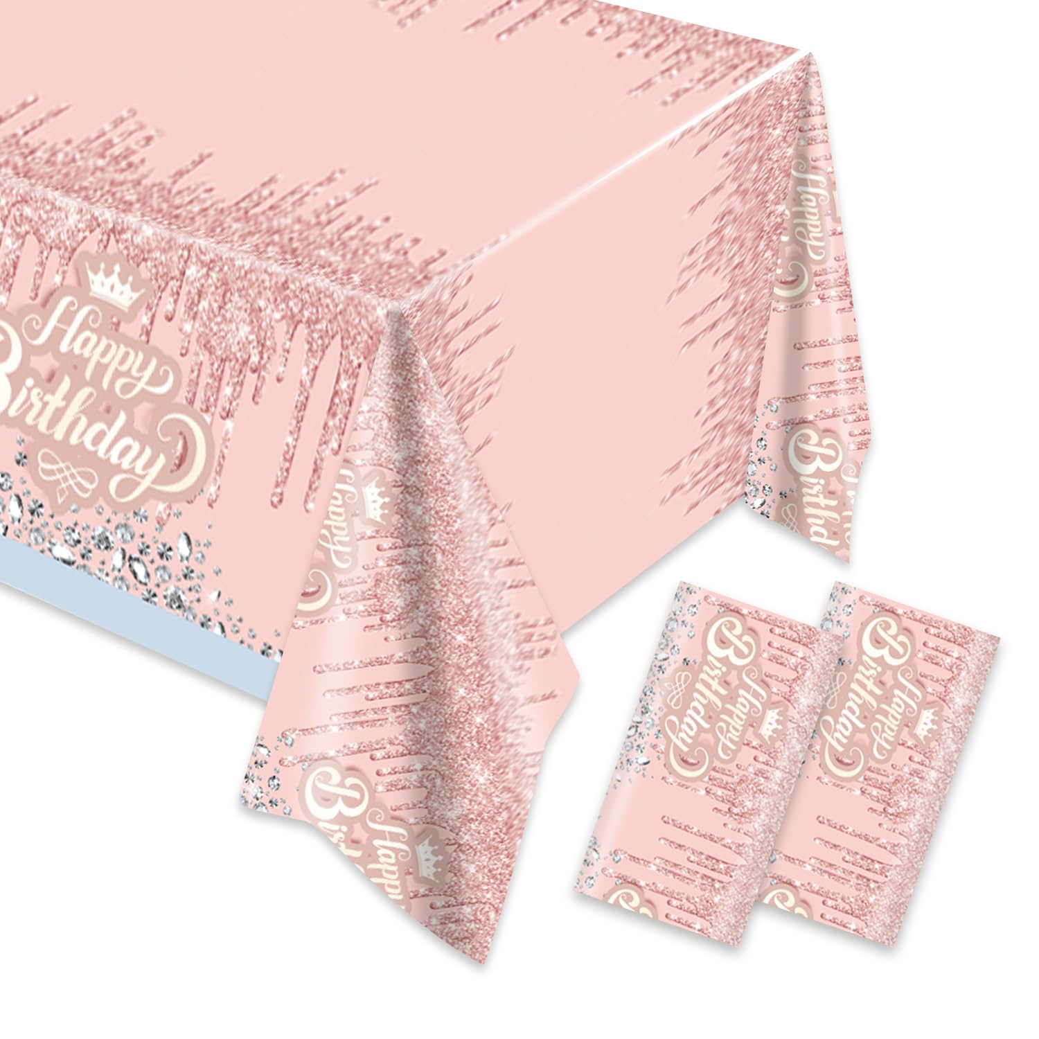 Egami 2pcs Pink and Silver Happy Birthday Party Tablecloth Glitter Diamonds Happy Birthday Tablecloth boy Girl Party Supplies Decorations 70 inch x 51