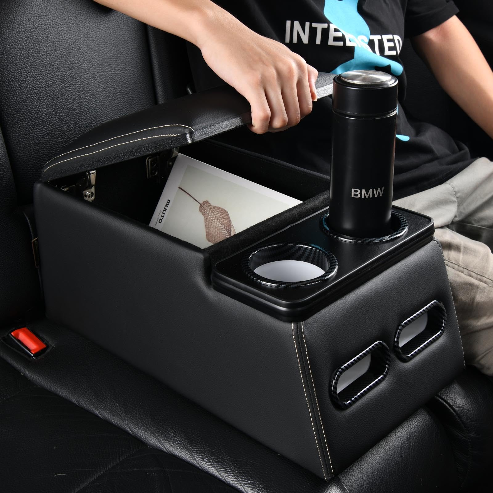 Coverado Consola Central para automóvil, Consolas universales para Asiento Trasero, Organizador de Asiento de camión y Almacenamiento, Organizador de Asiento Trasero con portavasos, Caja de