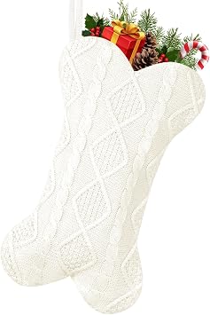 GOYOSWA Dog Christmas Stocking, 18 Inch Large Double Side Knitted Christmas Stocking for Dogs, Bone Shaped Hanging Dog Stocking for Dogs Pets White