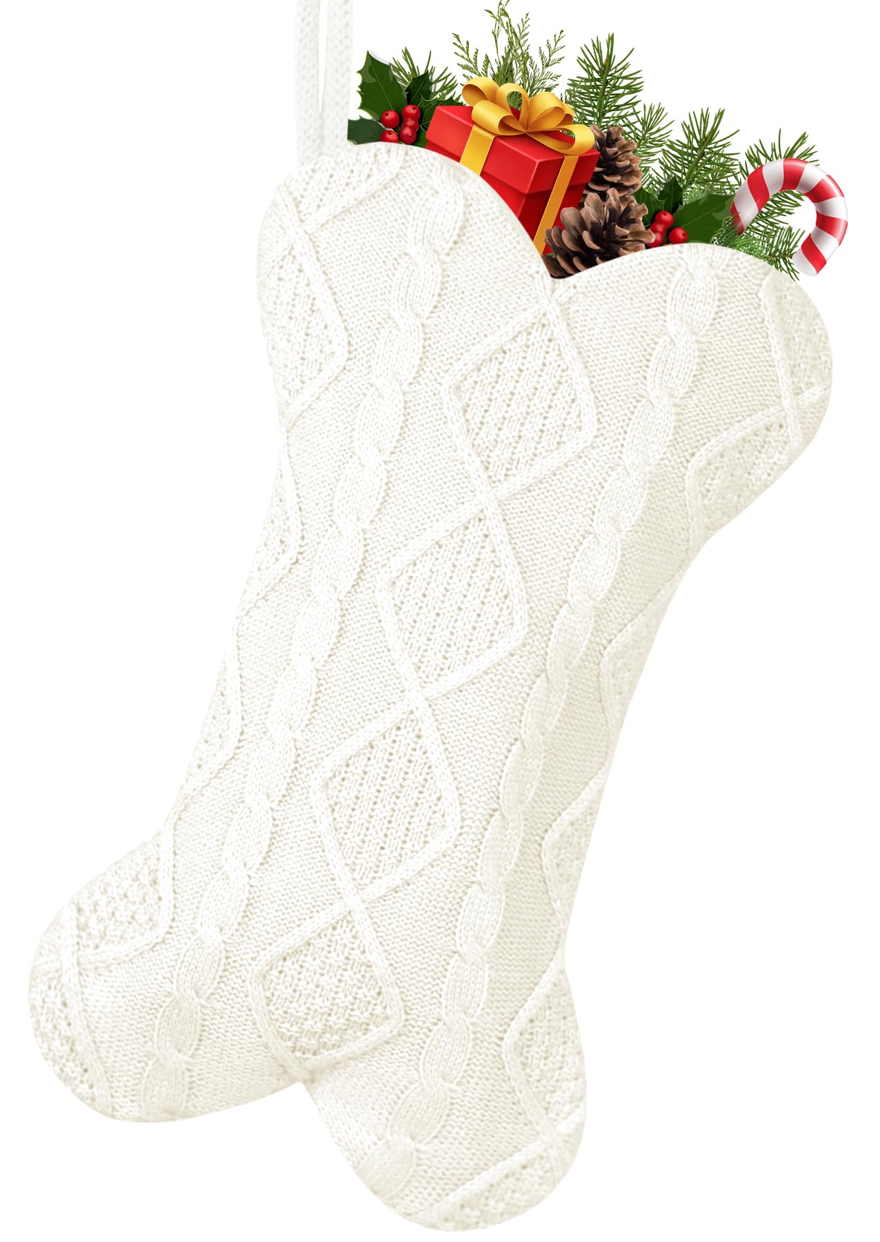 GOYOSWA Dog Christmas Stocking, 18 Inch Large Double Side Knitted Christmas Stocking for Dogs, Bone Shaped Hanging Dog Stocking for Dogs Pets (White)