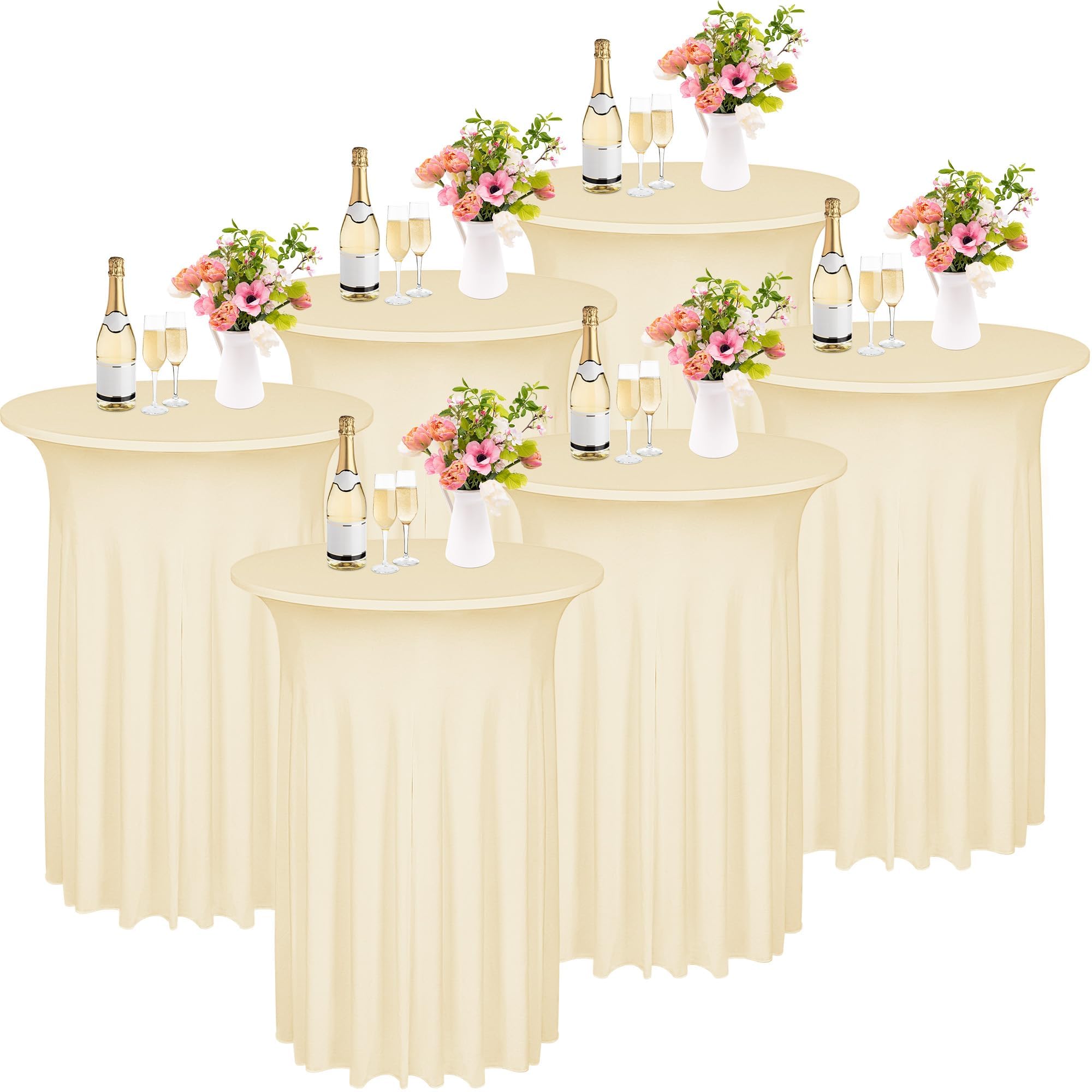 Photo 1 of Kochorie 6 Pieces Cocktail Table Skirt Round Cocktail Table Covers 32 x 43 Inch Spandex Stretch High Top Table Cloth for Wedding Table Bar Banquet Party Supplies (Champagne)