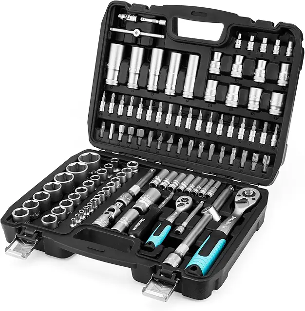 Imagen relacionada con DURATECH 108 Piezas Juego de Llaves de Vaso, 1/2” y 1/4”, Carraca de 72 Dientes, Acero al Cr-V, con Caja, Incluye Destornillador y Puntas, Ideal para Bricolaje, Reparación y Trabajos Mecánicos