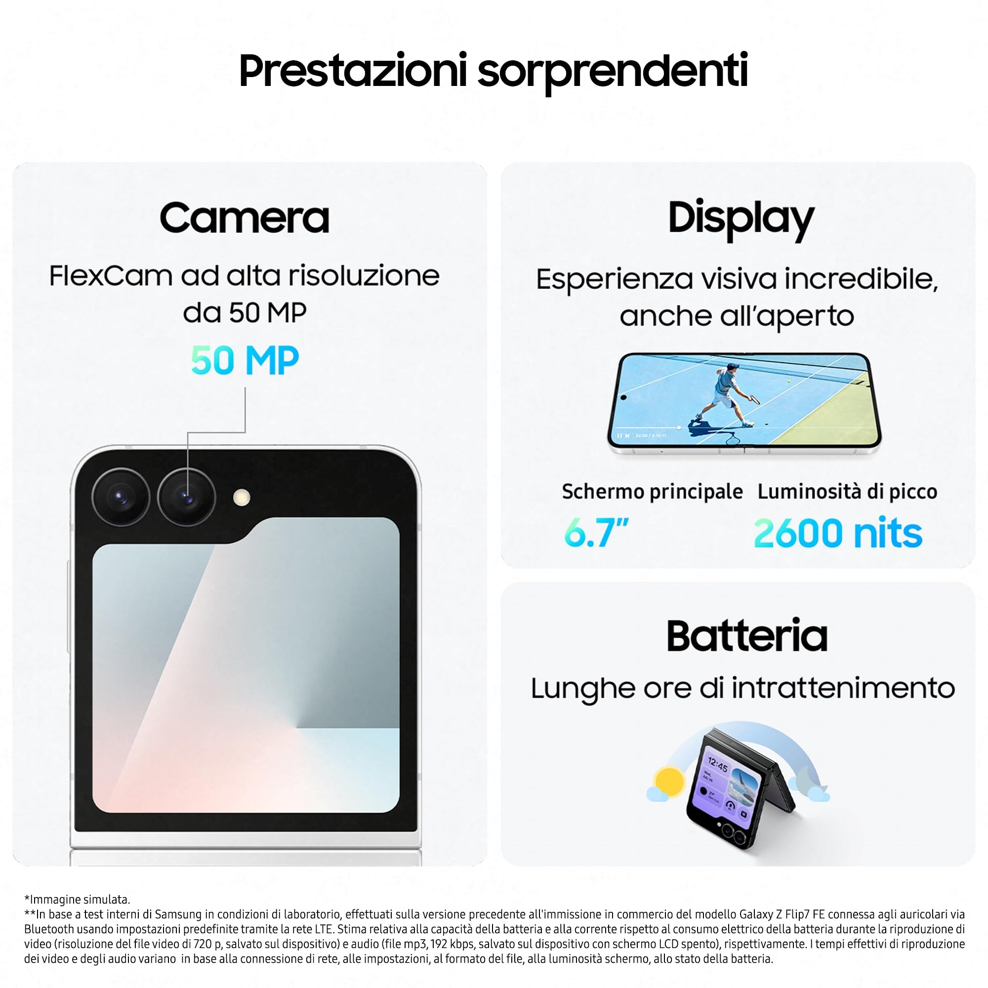 Samsung Galaxy Z Flip7 FE Smartphone AI pieghevole, 3 anni di Garanzia del produttore, RAM 12GB, 256GB, Display 3,4" Super AMOLED/6,7" Dynamic AMOLED 2X, Fotocamera 50MP, White [Versione italiana]