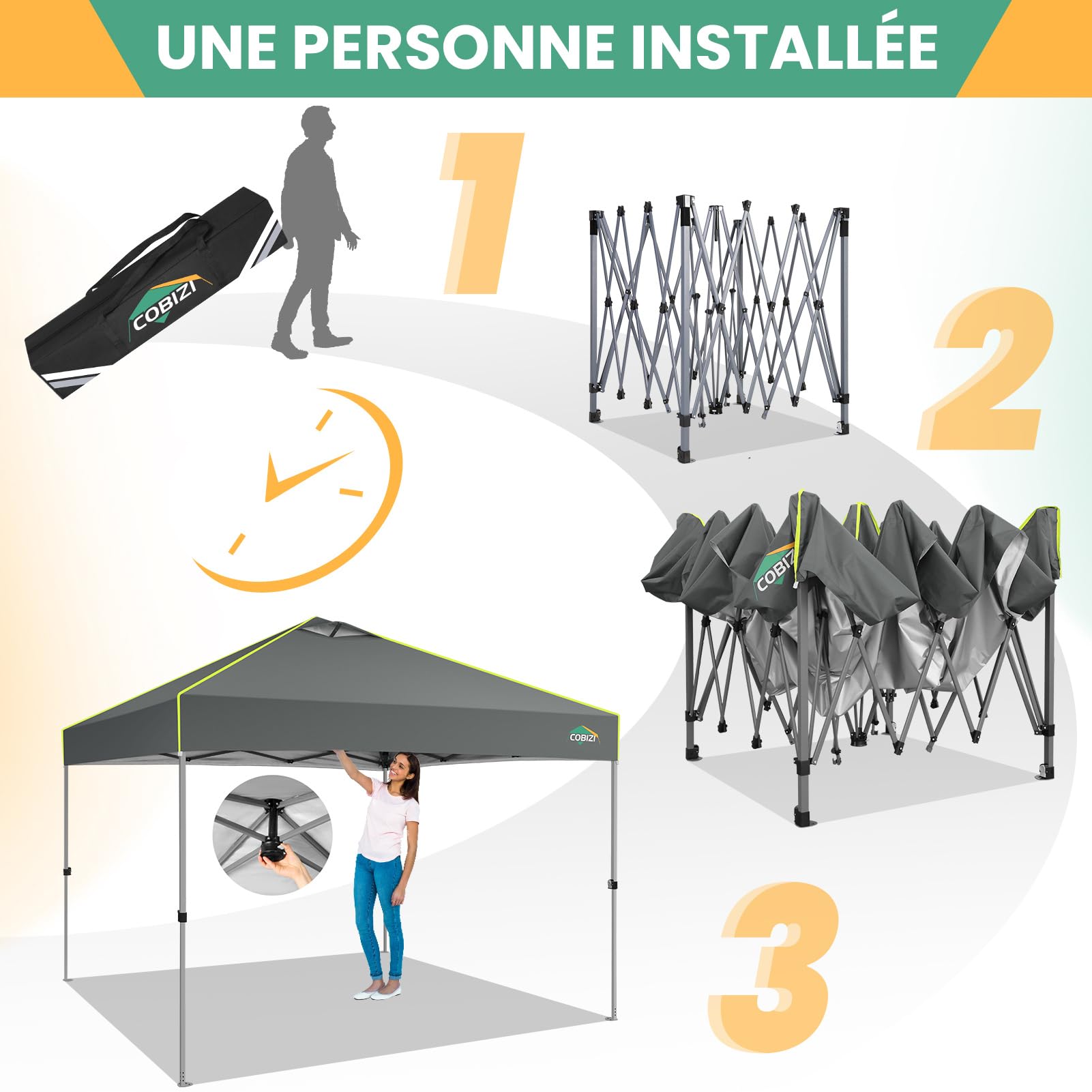 COBIZI Pavillon 3x3 Faltpavillon wasserdicht Winterfest, EIN-Tasten-Zentralverriegelung Partyzelt Faltbar Anti-UV mit Fluoreszierenden Streifen, 4 Seitenwänden, 3 Höhenverstellbar,Gartenzelt, Grau | Ein-Knopf-Zentralverriegelung, 4 SeitenwäNde, UV-Schutz,