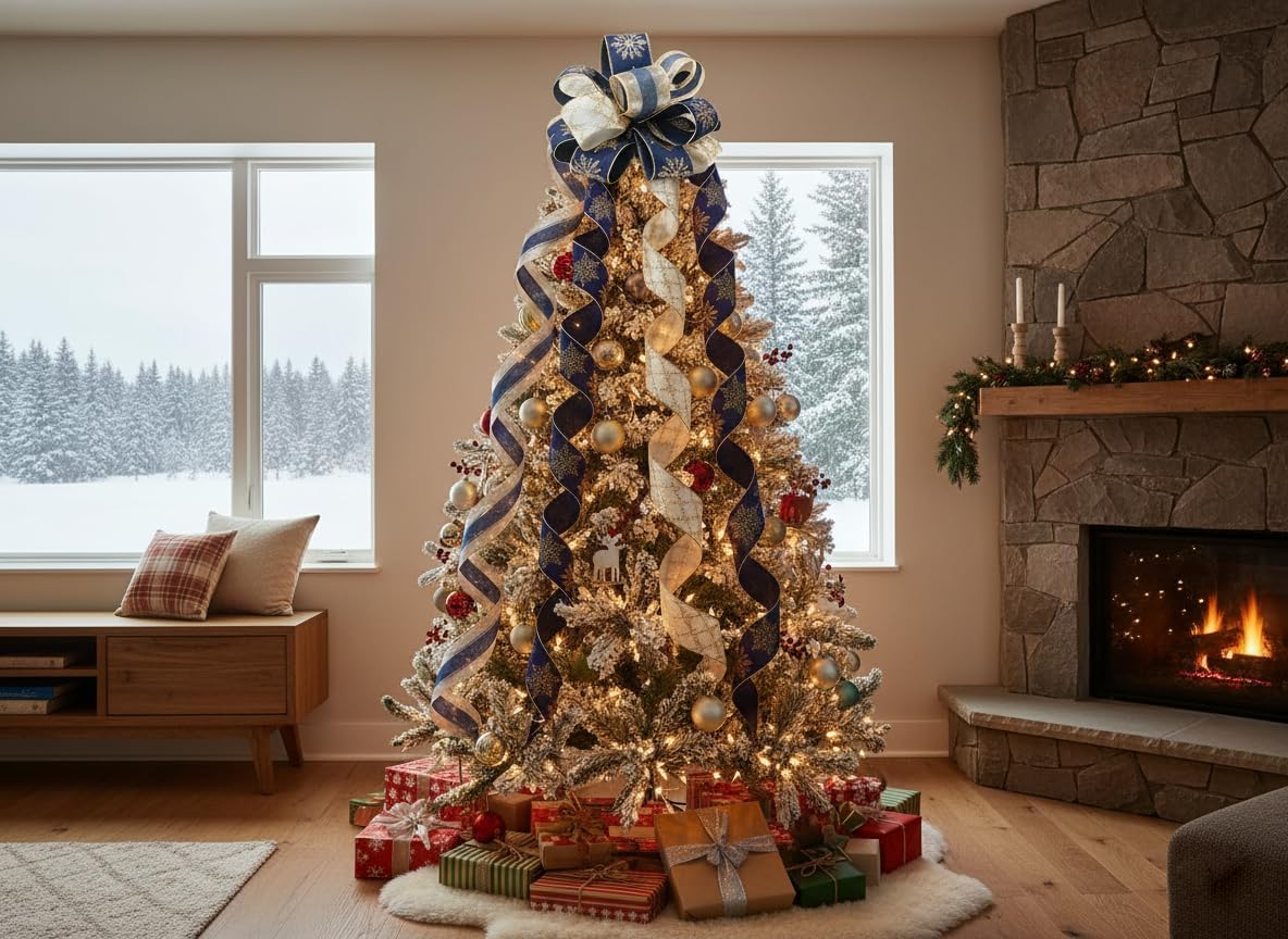 11" sq. Christmas Tree Topper Bow with 4 Tails (3 Yards Long Each) Royal Navy Blue and Gold Snowflake for X'Mas D'ecor Wreath Luxury Gift