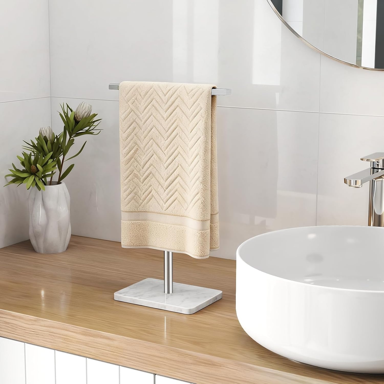 Hand Towel Holder Stand, T-Shape Hand Towel Rack for Bathroom, Hand Towel Stainless Steel for Kitchen Vanity Countertop, Marble Base Brushed Adjustable 9.06" -17.68"