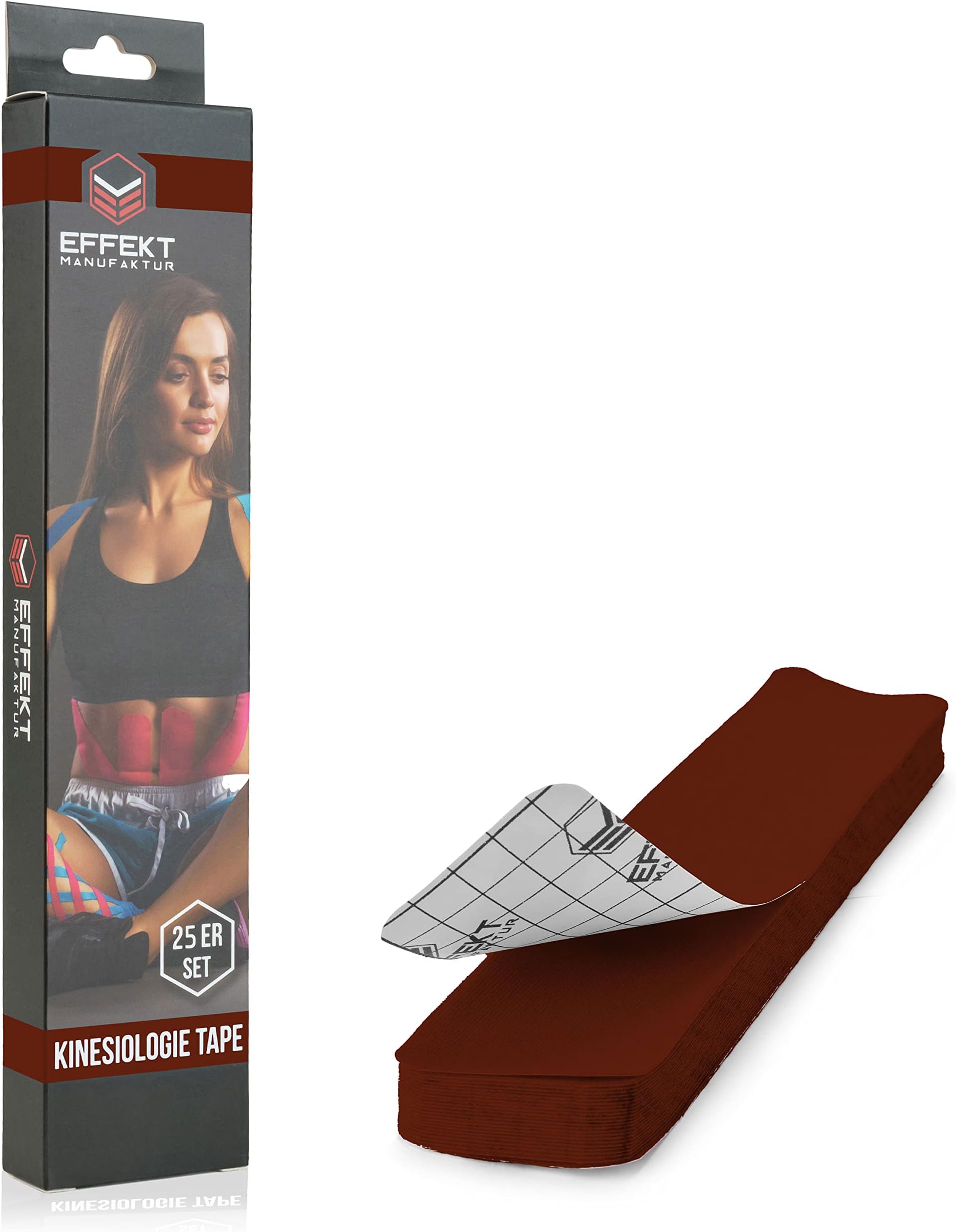 Effekt Pre Cut Kinesiology Tapes Waterproof (25 cm x 5 cm), 25 Strips - Elastic Physio Tape for Muscle Support and Injury Recovery, Medical Tape, Breathable Sports Tape (Brown)