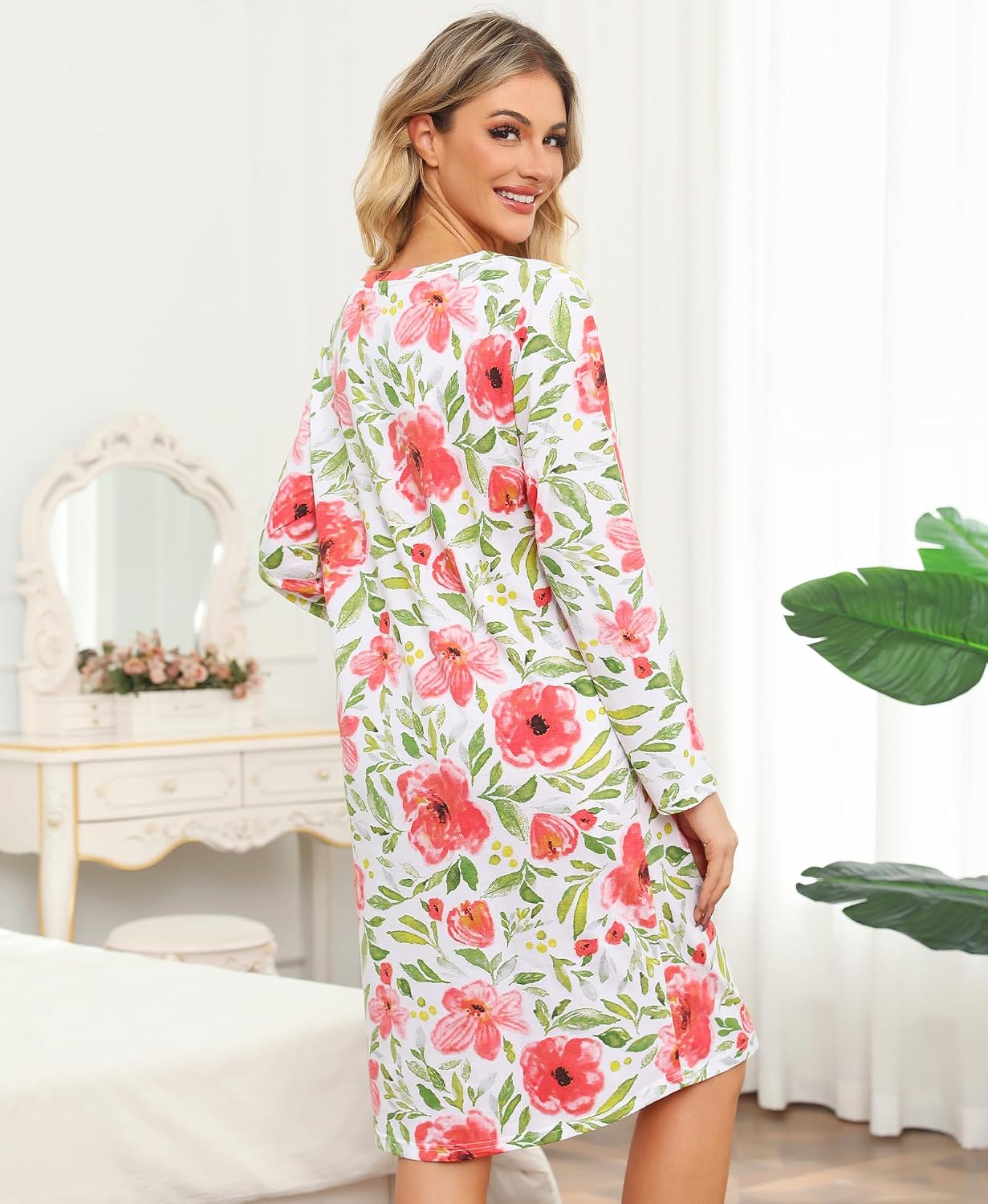 ENJOYNIGHT Women's Cotton Nightgown Long Sleeve V Neck Nightshirt Print Sleep Dress with Pockets