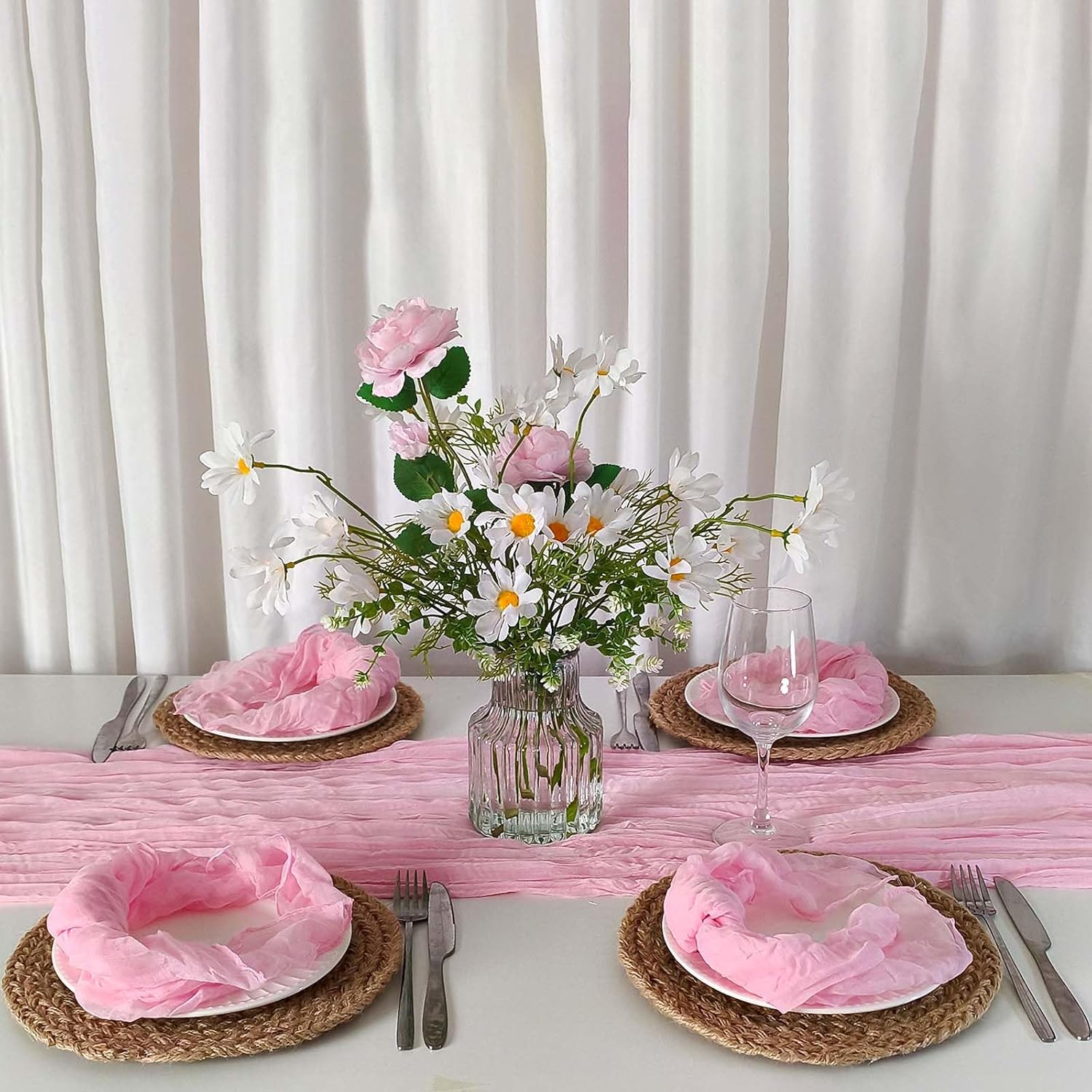 Blush Pink Cheesecloth Table Runner 10Ft 2-Pack with 12 Napkins, Gauze Runner Napkins Set for Wedding Baby Shower Birthday Dining Table Decor