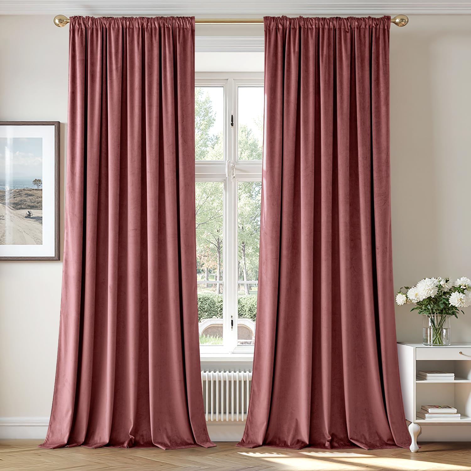 MIULEE Dusty Rose Pink Velvet Room Darkening Curtains for Bedroom W66 x L96