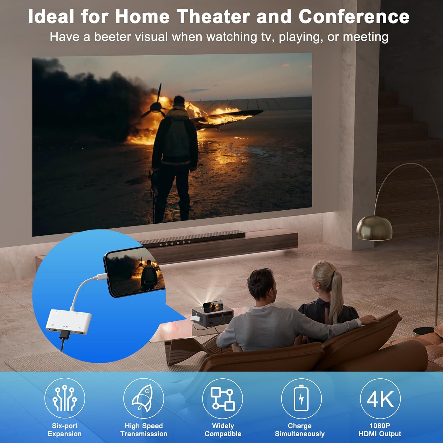 iPhone connected to adapter and projector, displaying content on a large screen