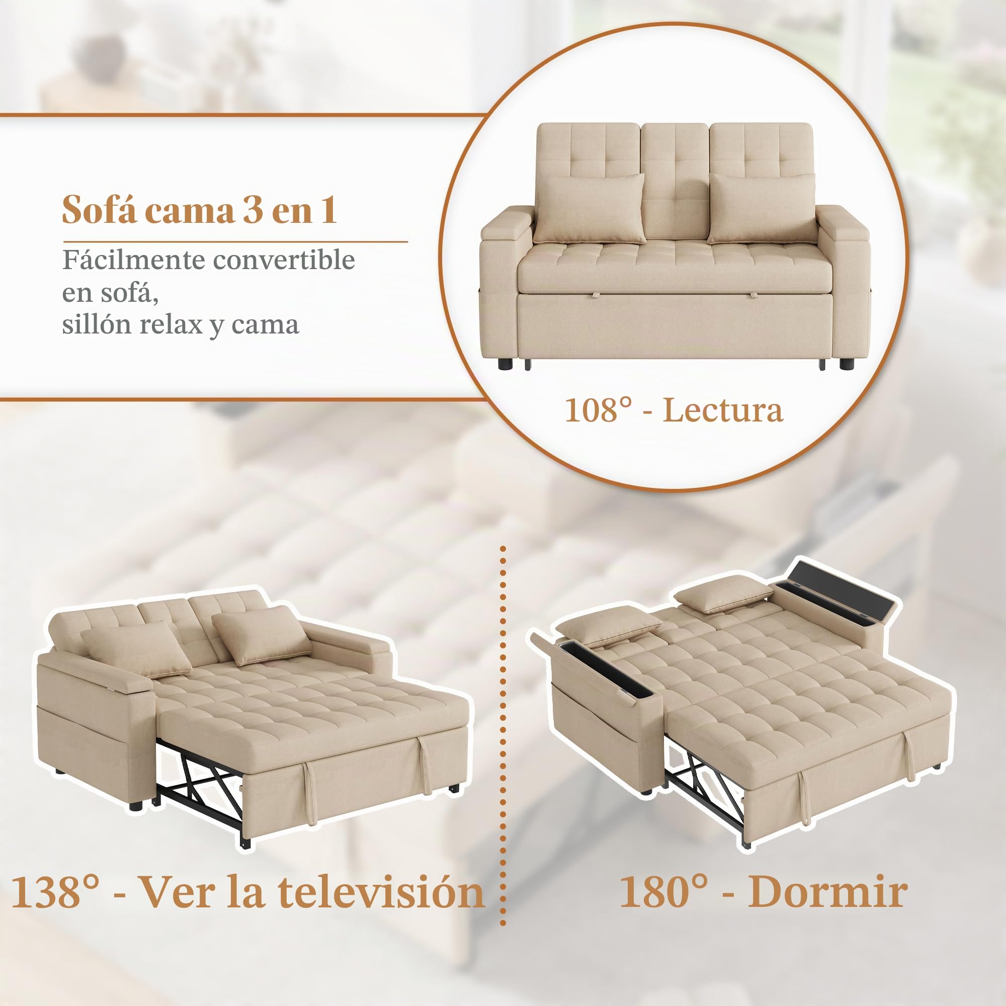 Sofá Cama Multifuncional con Función de Dormir Versátil Sofá Plegable Sofá Sofá con Almacenamiento y Respaldo Ajustable Sofá con Reposabrazos Compartimentos y Cojines para Salón y Apartamentos Beige