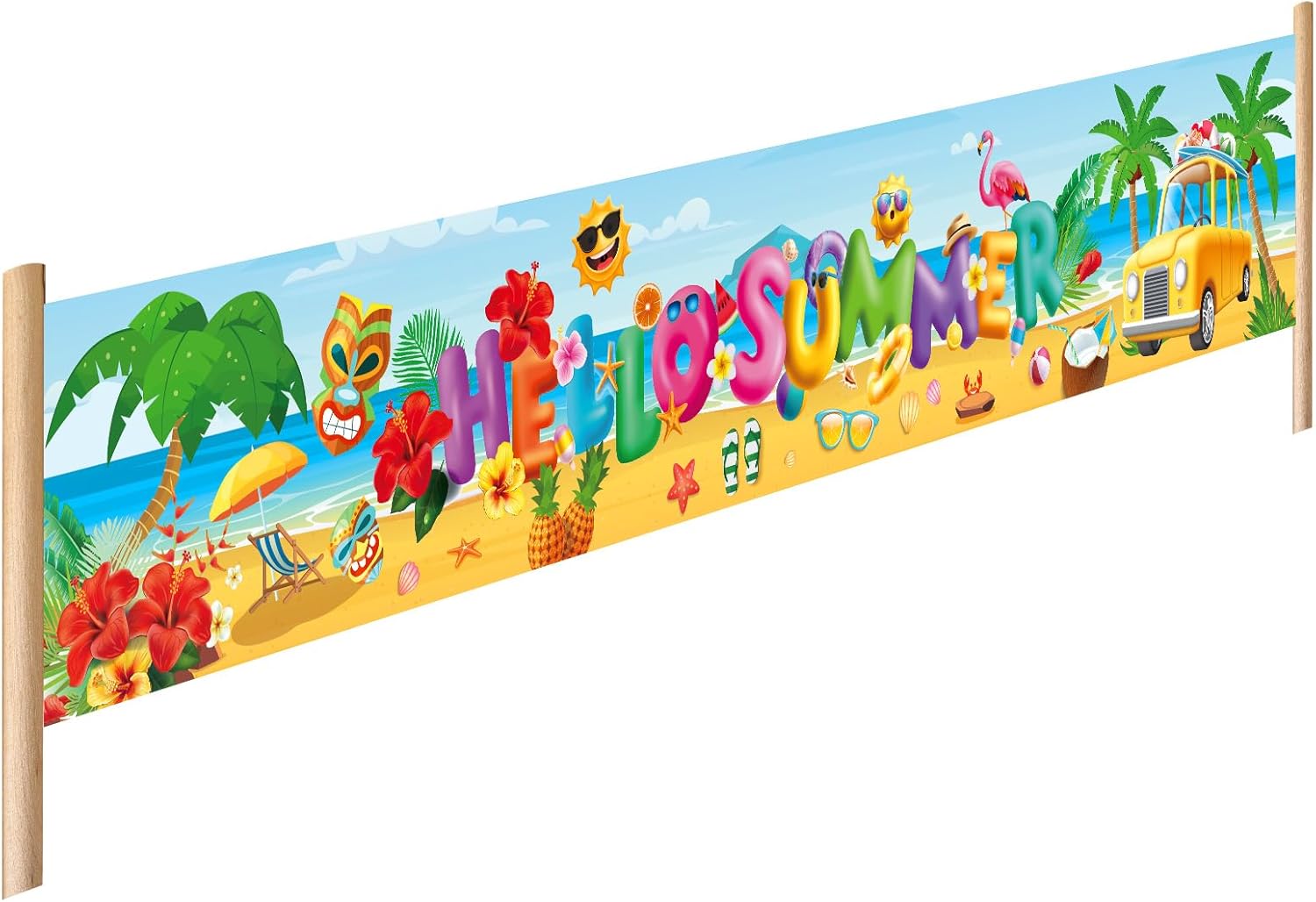 Hello Summer Banner, 118x20 Inch Hello Summer Beach Backdrop Yard Sign Background Props for Summer Tropical Holiday Seaside Outdoor Decorations Supplies