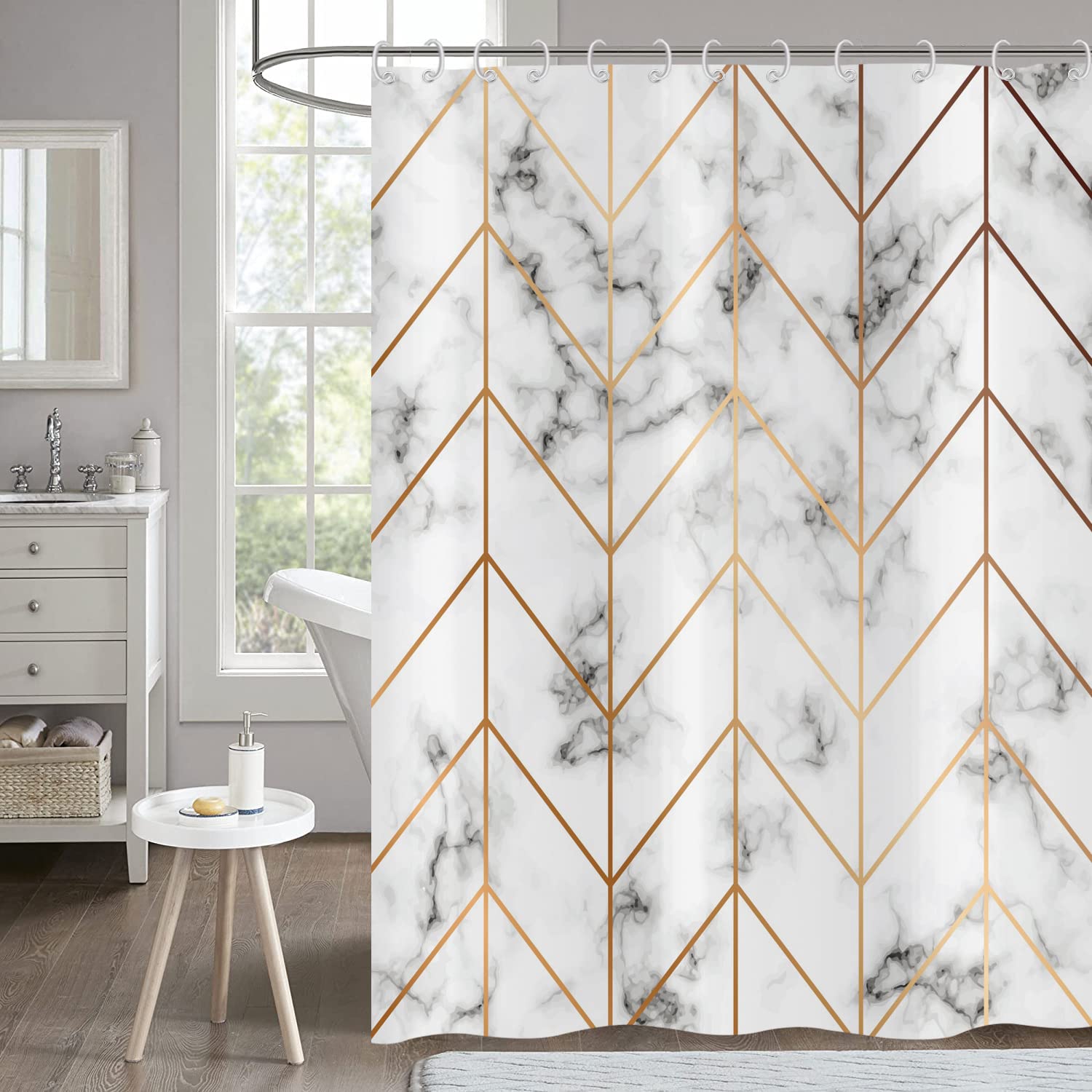 Hnmdmyi Marble Shower Curtain 120x200, Grey and White Shower Curtains Gold Geometric Line Abstract Modern Luxury Art Bathroom Curtains Waterproof Polyester Fabric Washable Bath Curtains with Hooks