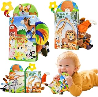 Kimicare 2-Pack Crinkle Baby Books 0-12 Months - Jungle & Farm Sensory Cloth Books with 3D Tails, Tummy Time Toys for Infants