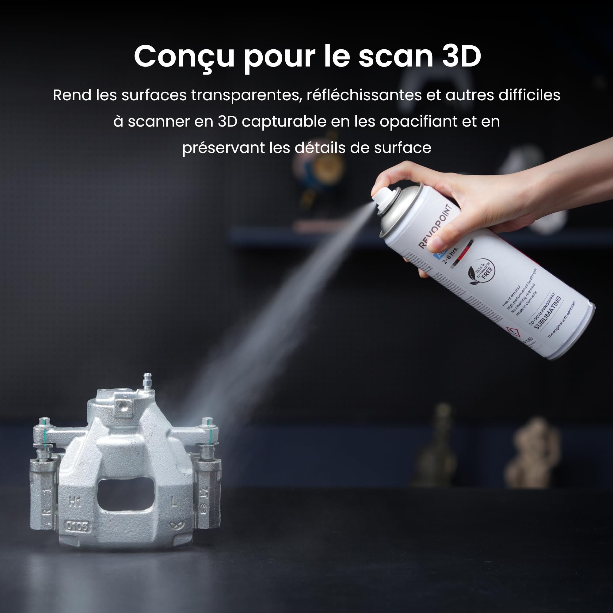Revopoint 3D Scanning Spray AB-6 pour Scanners 3D, pour Surfaces Réfléchissantes, Transparentes, Noires ou Très Texturées, Pas de Nettoyage Nécessaire, Sublimation, 500ml