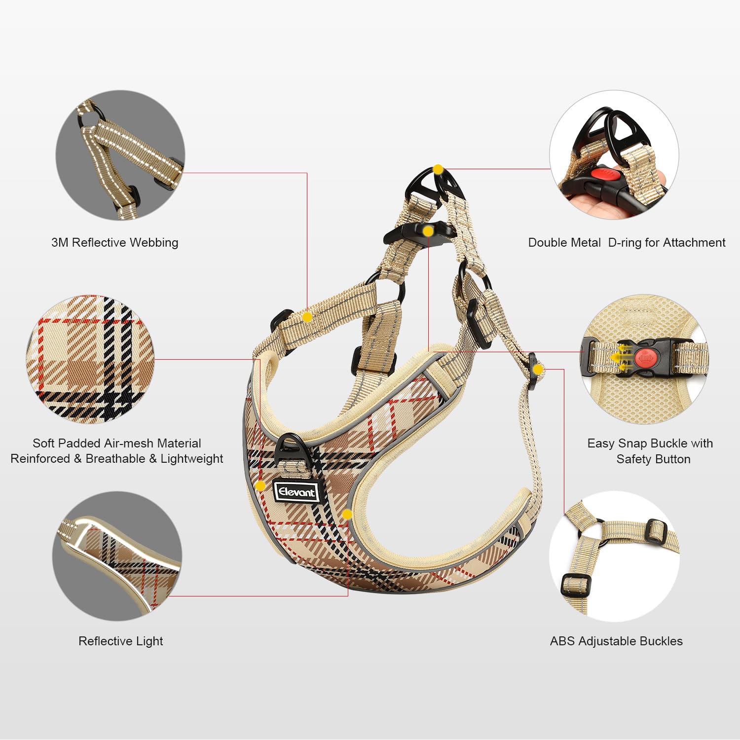 Elevant Harnais Chien Anti Traction Réglable, Step-in Harnais pour Chiens Réfléchissant Respirant Confort Doux Gilet Rembourré pour Petite, Moyenne et Grande Chiens (XS, Beige Marron)
