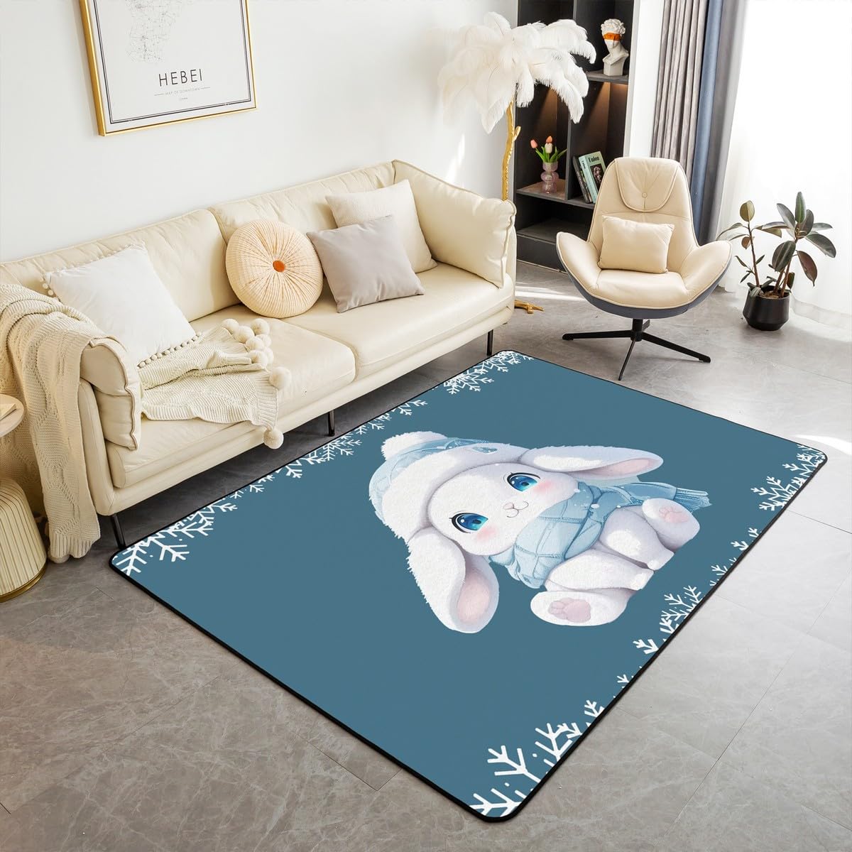 Homewish Wesołych Świąt Dywaniki 100 x 150 cm - Kawaii Królik Salon Dywan Zimowy Magiczny Płatek śniegu Kwiatowy Niegubi Dywan Dzieci Kreskówka Królik Szalik Czapki Dywany