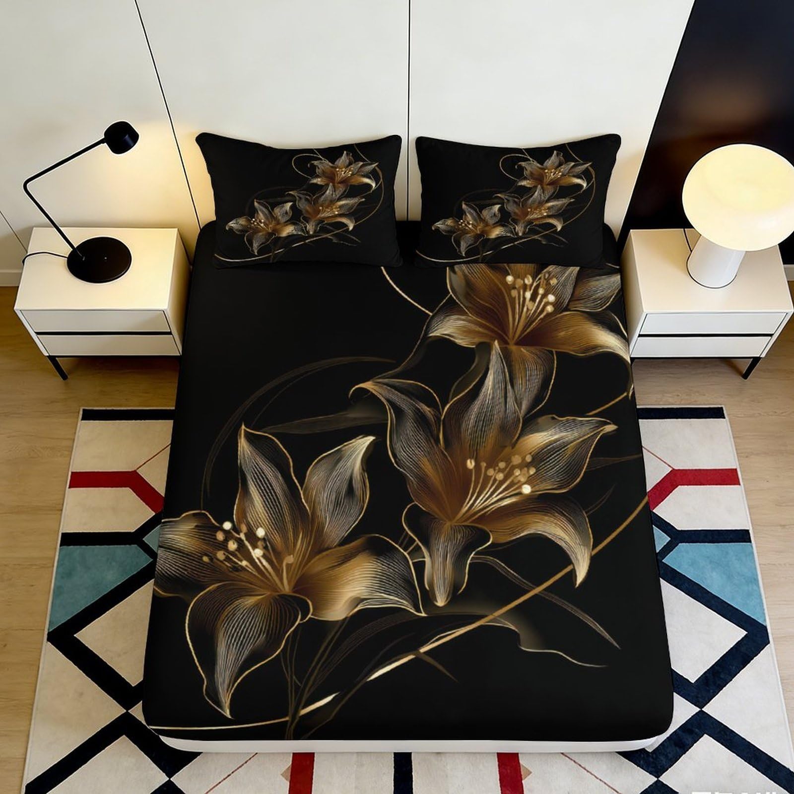 3D Printed Golden Lily Fitted Sheet Microfiber Deep Pocket Non-Slip Bedding Set Lily Mattress Fitted Cover Elastic Hem Washable 180x200x25cm