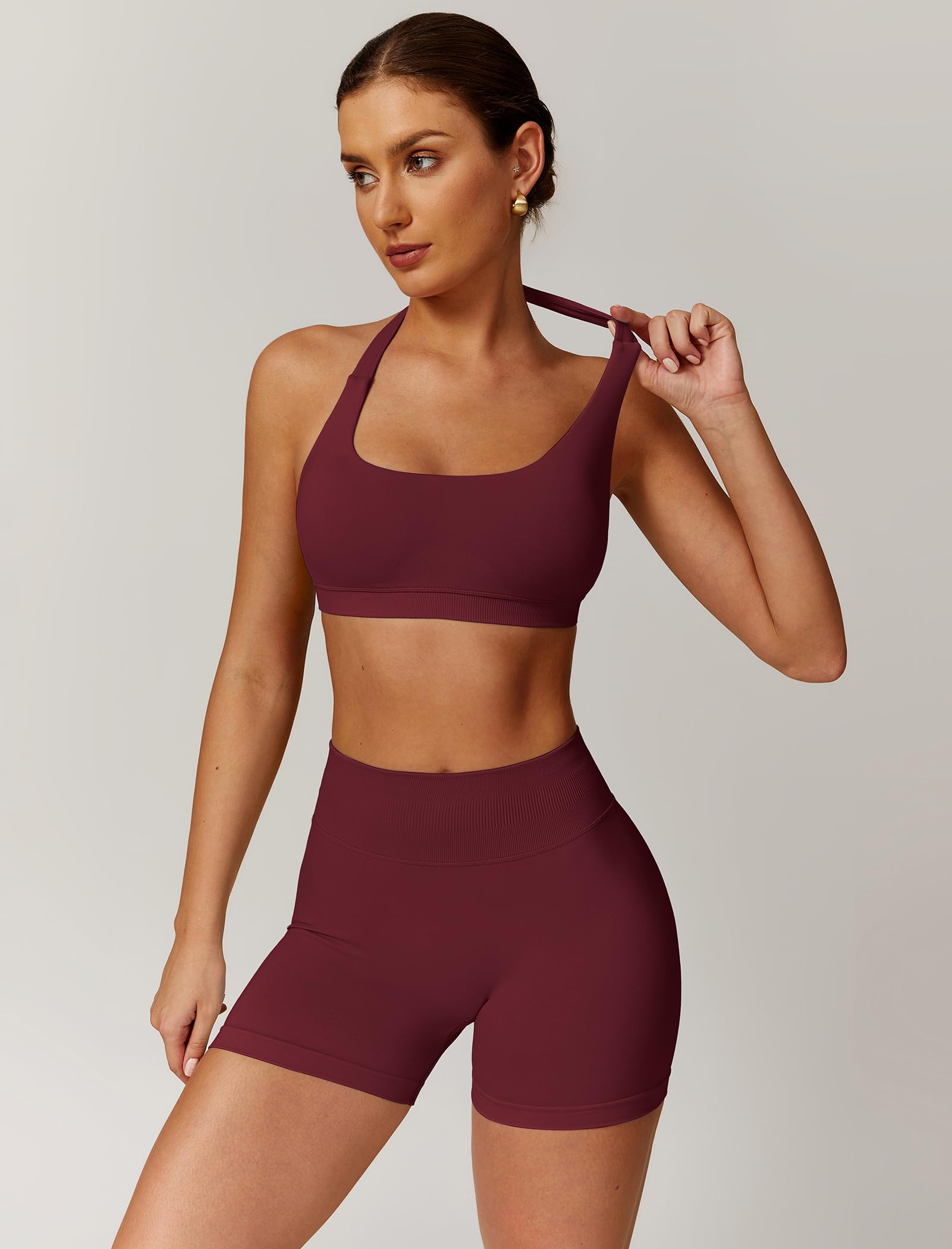 Odizli Damen Neckholder Sport BH + High Waist Shorts Zweiteiler Gym Workout Yoga Fitness Sportkleidung