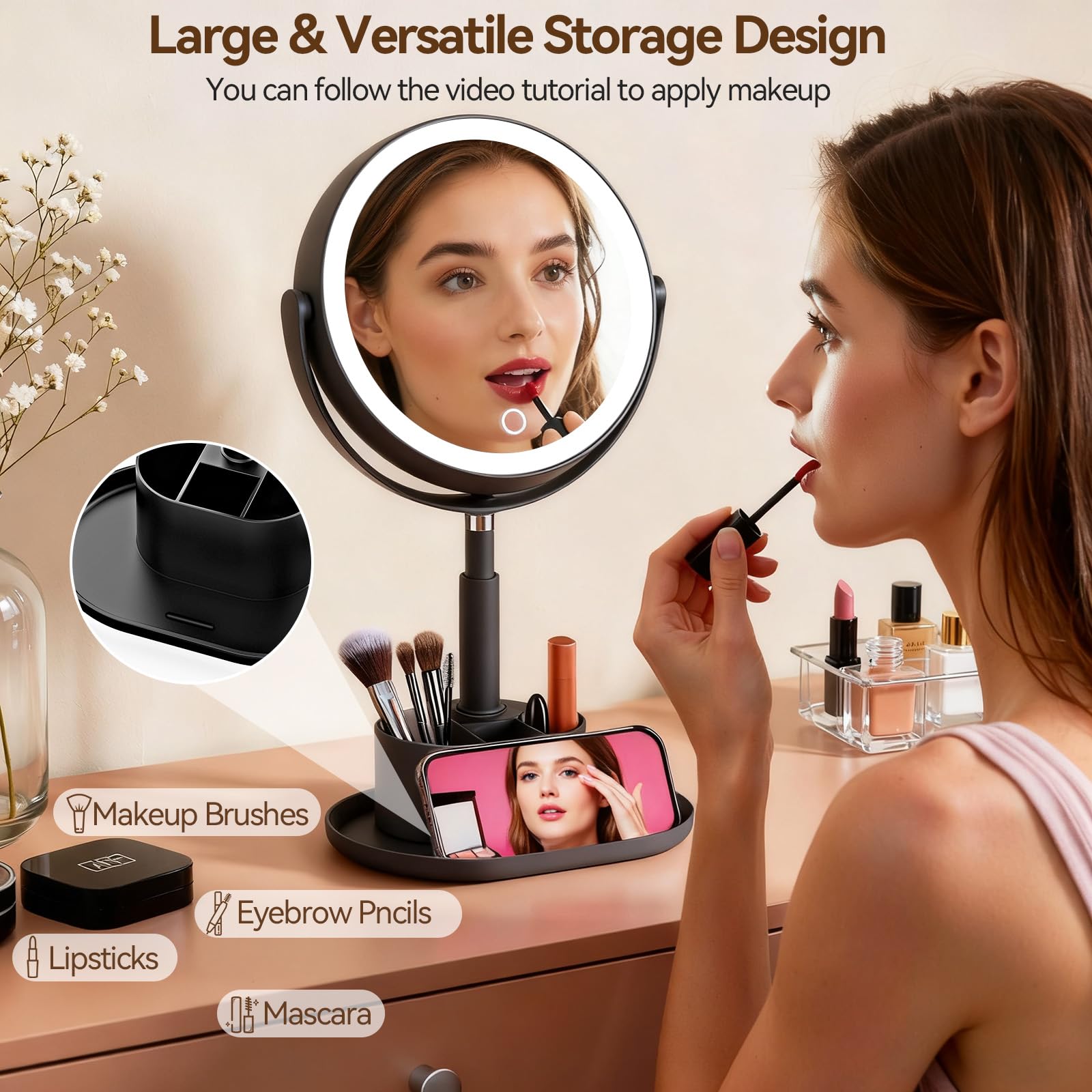 Shinowa 20X Ingranditore Trucco Specchio con Luce a LED | Altezza Regolabile, 3 Colori di Luce, Rotazione 360°, Ricaricabile USB, Funzione Memoria, Nero