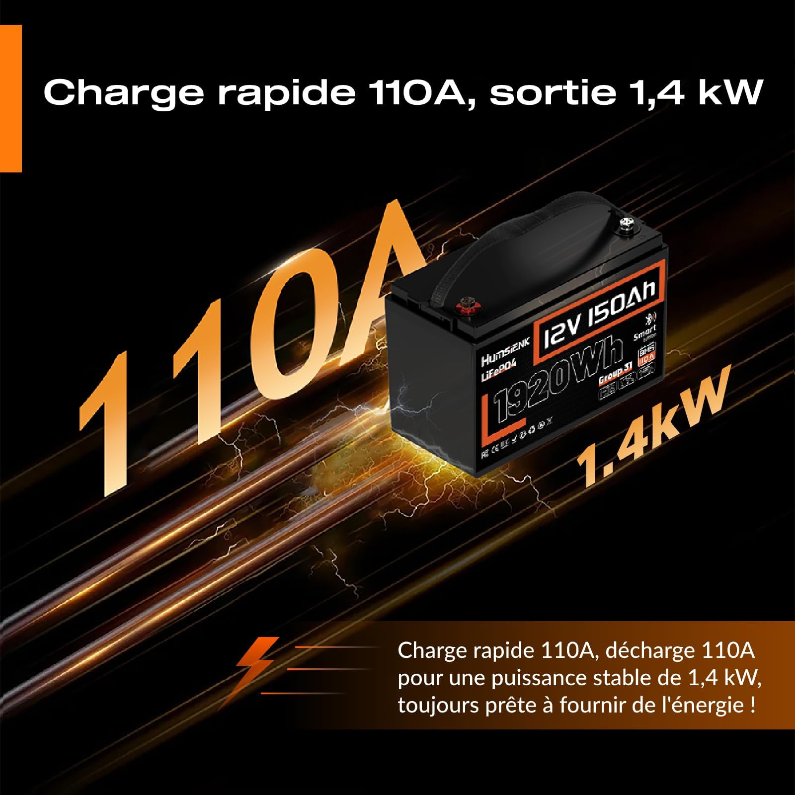 HumsiENK Batterie Lithium LiFePO4 12V 150Ah Con Bluetooth, 1920Wh avec BMS Intelligent 110A, 15000 Cycles Profonds, 10 Ans de Durée de Vie, pour Camping-Car, Énergie Solaire, Hors Réseau, Moteur