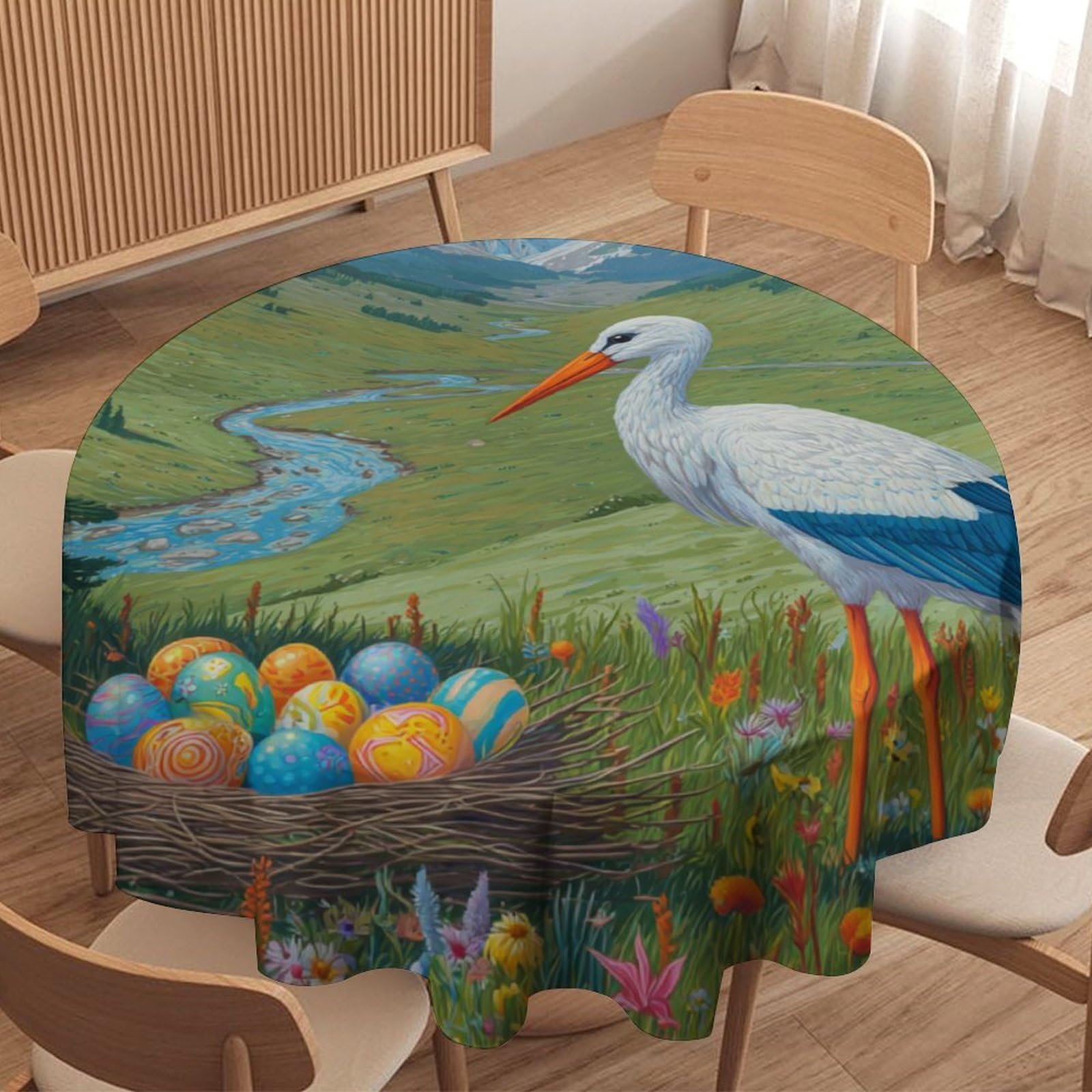 LUYYSKY Classic Rustic Bird Crane Waterproof Round Tablecloth Retro Oil Painting Spring Landscape Colorful Eggs Animal Crane Washable Table Cover for Kitchen-91.4" Wx91.4 L cm