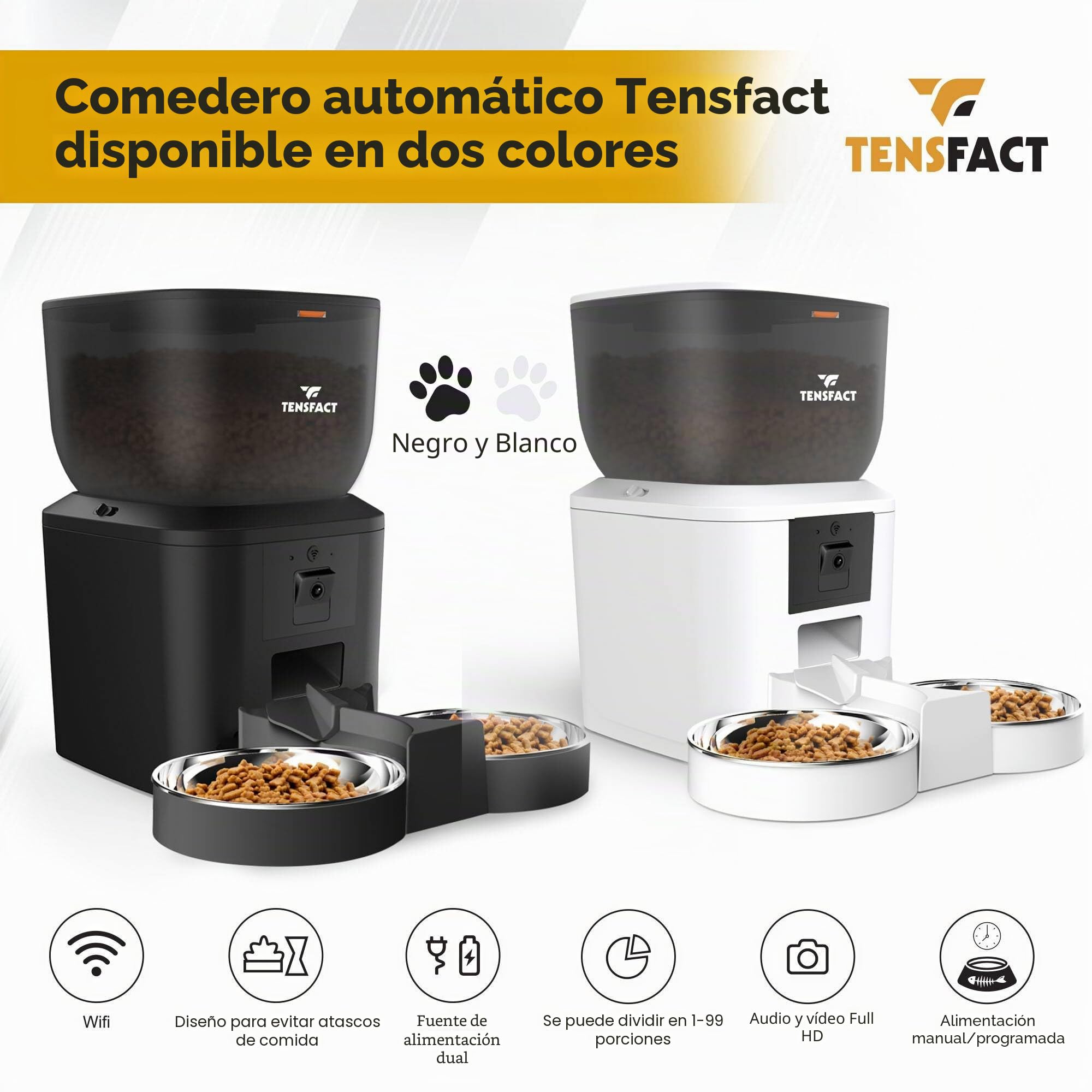 Comedero Automático para Gatos y Perros con Cámara HD, 4L, Doble Cuenco de Acero Inoxidable, Control por App, Programable – Tensfact – Blanco