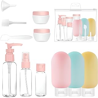 زجاجات بحجم مناسب للسفر - مجموعة من 11 قطعة من ادوات النظافة القابلة لاعادة التعبئة ومانعة للتسرب مع شنطة شفافة لتنظيم السفر بدون مجهود