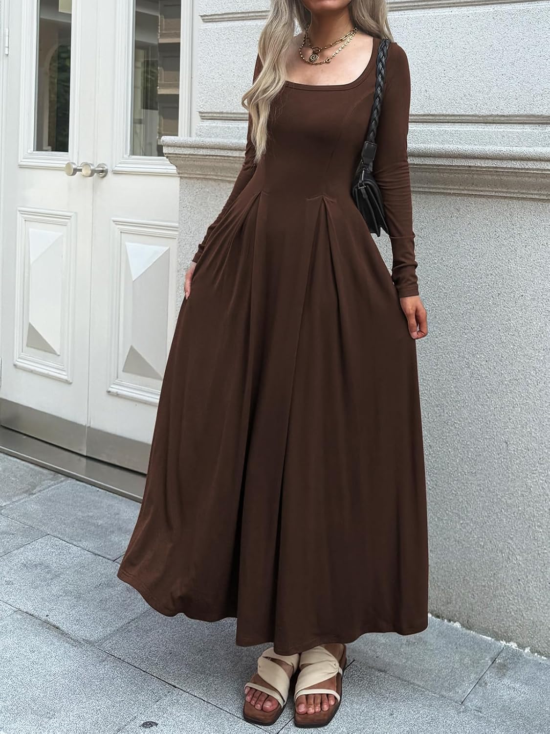 Women Long Sleeve Square Neck Maxi Dress A-Line Pleated Flowy Elegant Party Cocktail Winter Fall Dresses with Pockets - Image 2