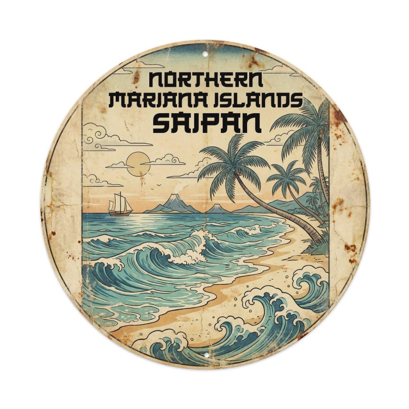 Northern Mariana Islands Saipan Coral Atoll Woodblock Metal Tin Sign