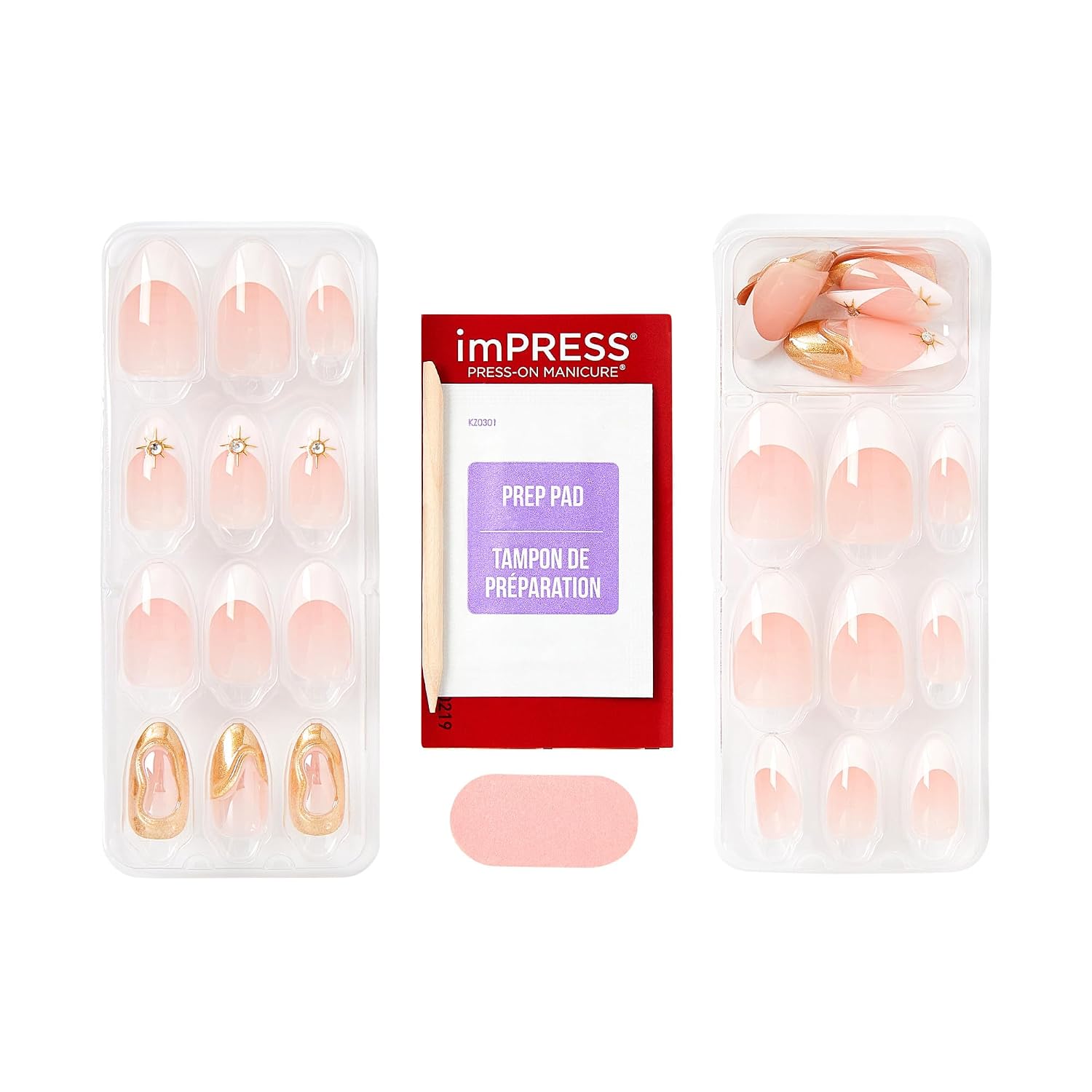 Kiss Impress No Glue Mani Press On Nails, Premium, 'Over The Top', Beige, Short Size, Oval Shape, Includes 30 Nails, Prep Pad, 1 Manicure Stick, 1 Mini File