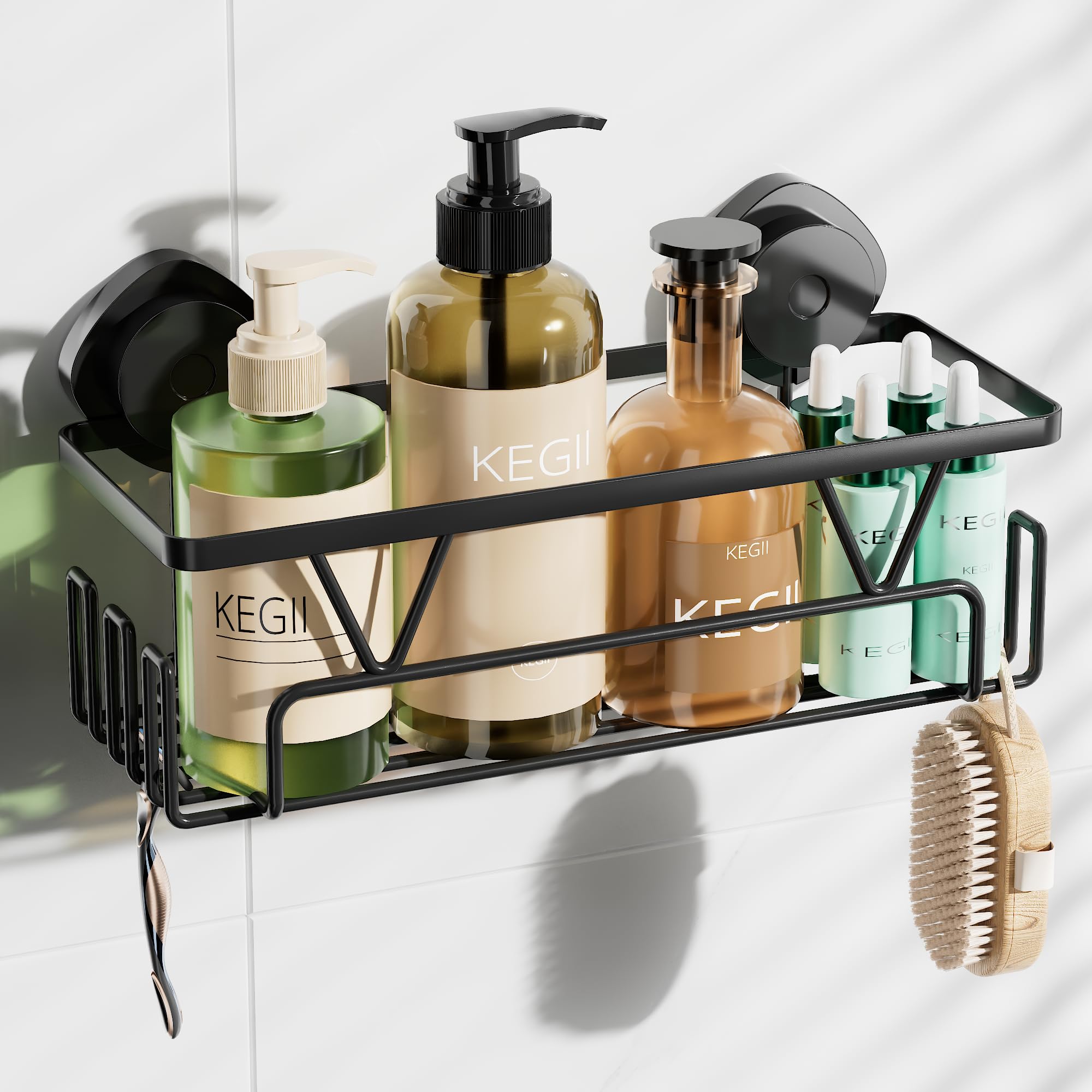 Kegii Suction Shower Caddy - Suction Cup Shower Organiser Black Bathroom Shelf No Drilling for Bath, Kitchen, Laundry Room