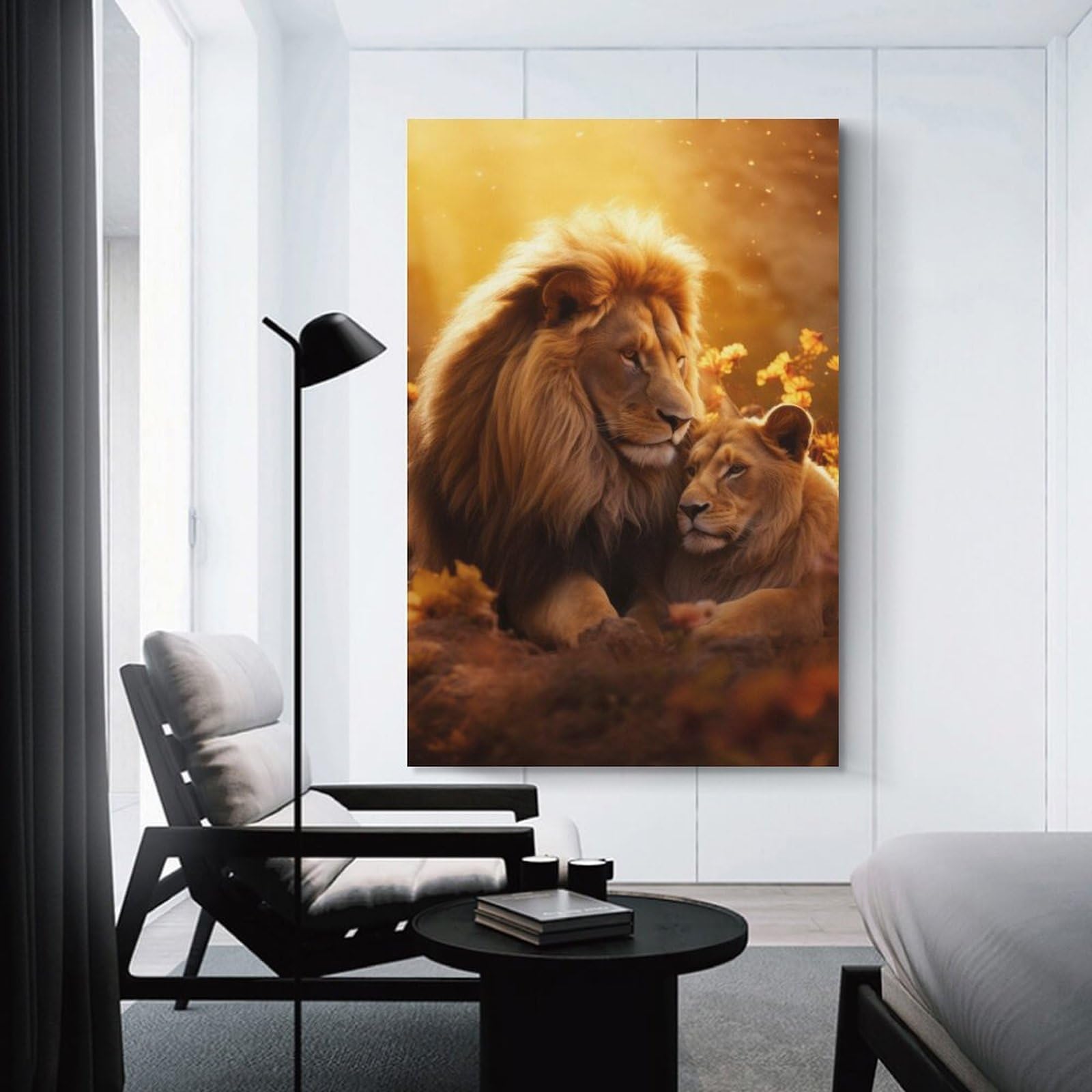 Junmoney Unframe-Style-17-1 Golden Lion Couple Decorative Wall Artwork, 20X30inch(50X75cm), For Home Lounge, Bedroom Or Reading Nook, Eye Catching Artwork For Blank Walls