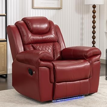 Leather Recliner Chair with Adjustable Backrest, Modern Home Theater Seating with LED Light Strip for Living Room, Bedroom, Home Theater, RVWine Red
