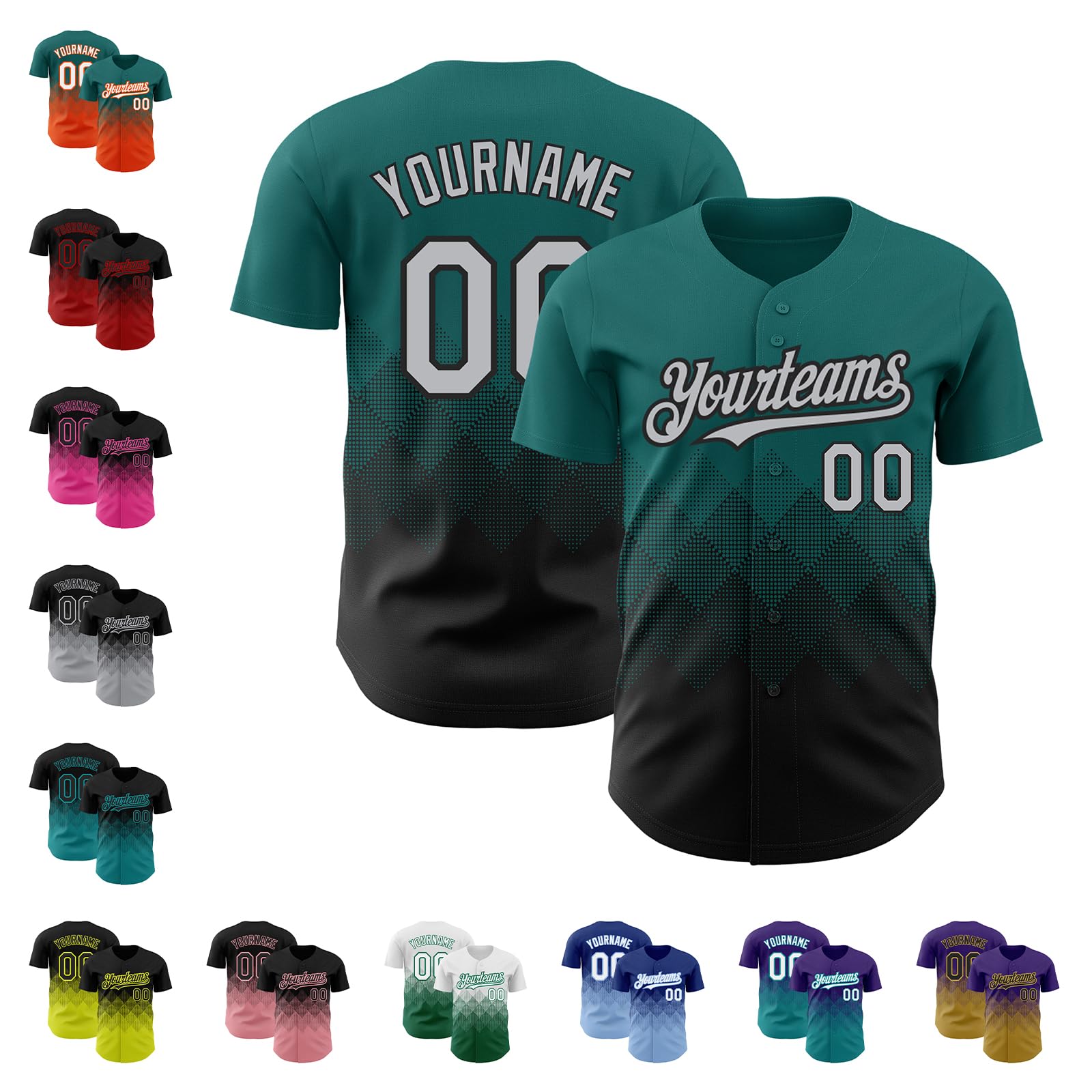 Custom Teal Black and Gray Baseball Jerseys Shirts Men, Design Two Tone Gradient Softball T-Shirt Button Down for Youth Boys, Stitched Personalized Short Sleeve Sports Fan Uniforms for Team Tournament