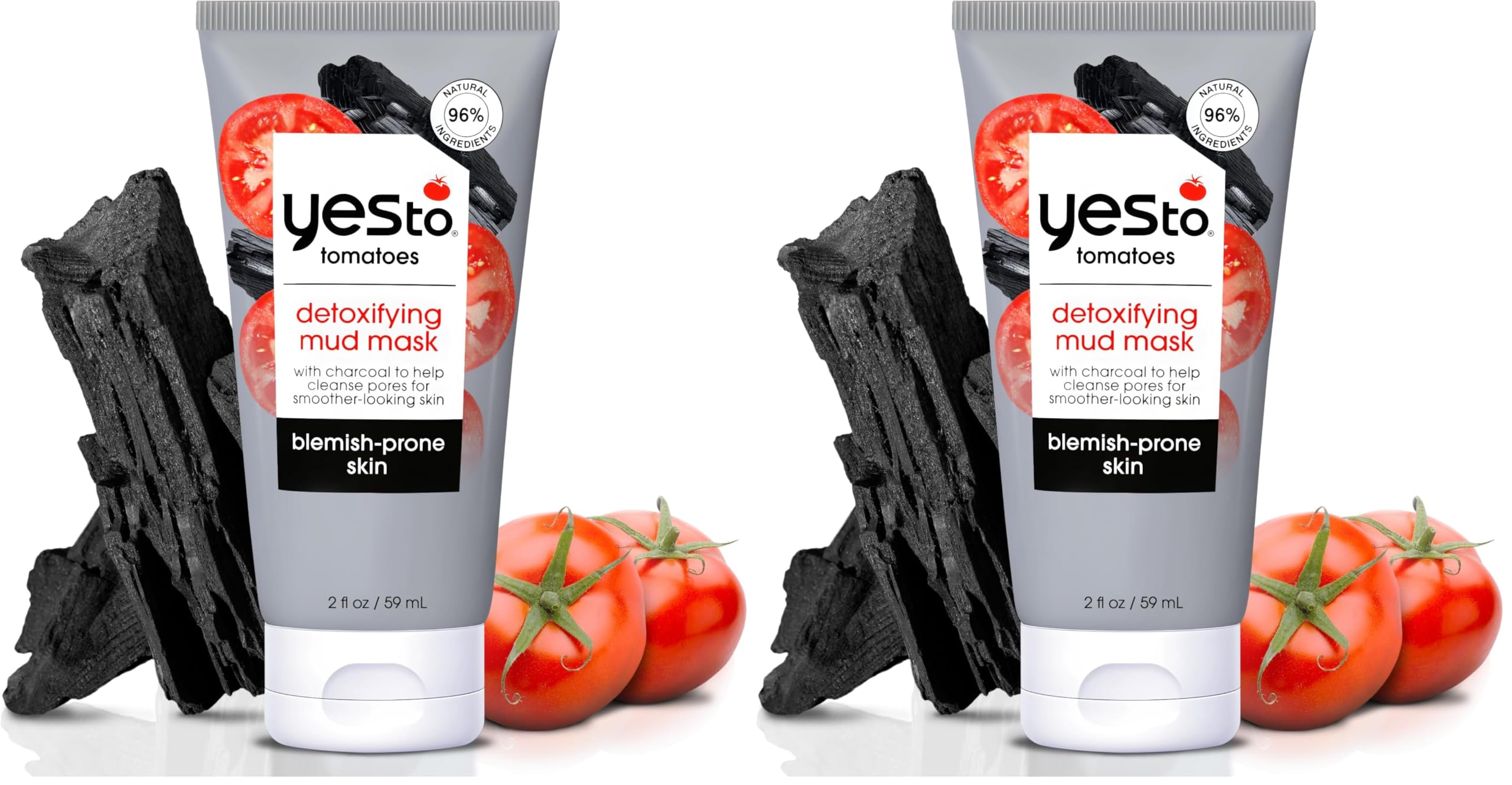 Tomatoes Clear Skin Detoxifying Charcoal Mud Mask For Acne Prone Skin Draw Out Impurities And Prevent Breakouts Contains Salicylic Acid 96 Natural Ingredients, Red, Tomato, 2.006 Fl (Pack of 2)