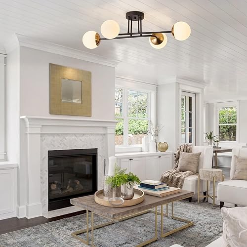 Miniatura 3 de Aiwen Lámpara de techo redonda semiempotrada moderna de 4 luces, acabado negro y dorado con cristal de globo, iluminación de techo de granja para