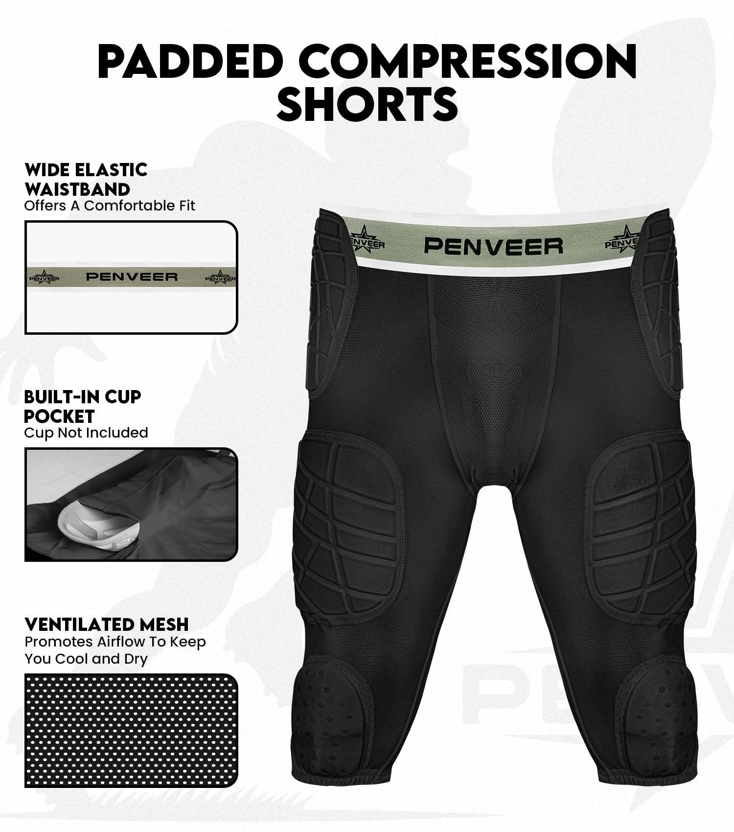Penveer 7.0 Adult Football Girdle for Men with Cup Pocket - Padded Compression Shorts with Integrated Hip, Thigh, Knee & Tailbone Pads for Maximum Protection (Black, AM)
