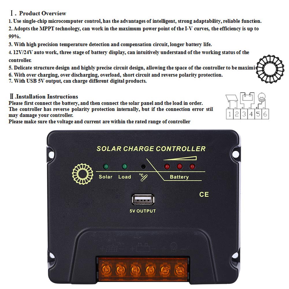 Marhynchus Controlador de Carga MPPT 12V 24V 20A Tablero de Control de