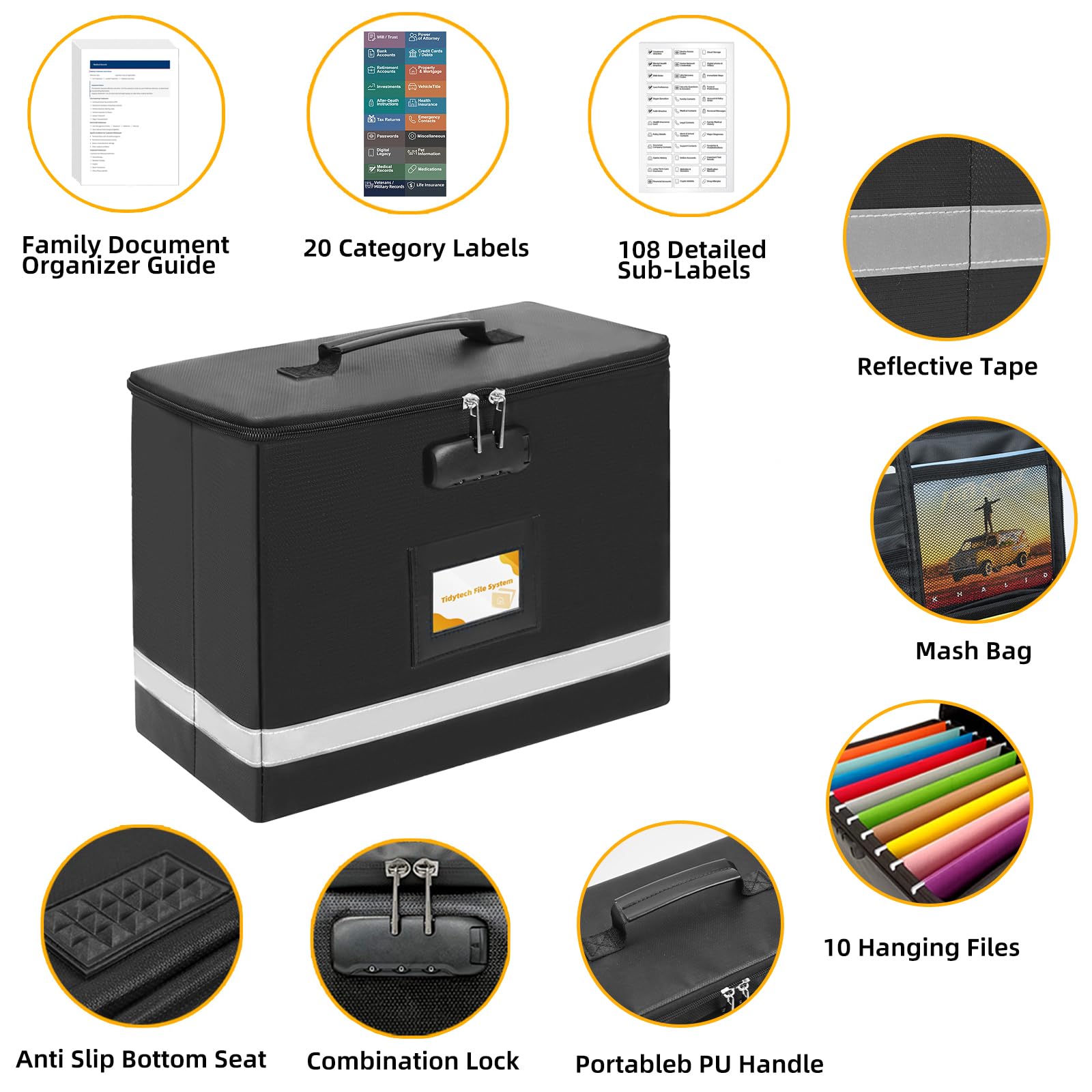 Deluxe Pro Small Next of Kin Box Organizer con guida per documenti di famiglia di 55 pagine, organizer pieghevole ignifugo con serratura a combinazione, 5 cartelle sospese e 128 etichette di categoria