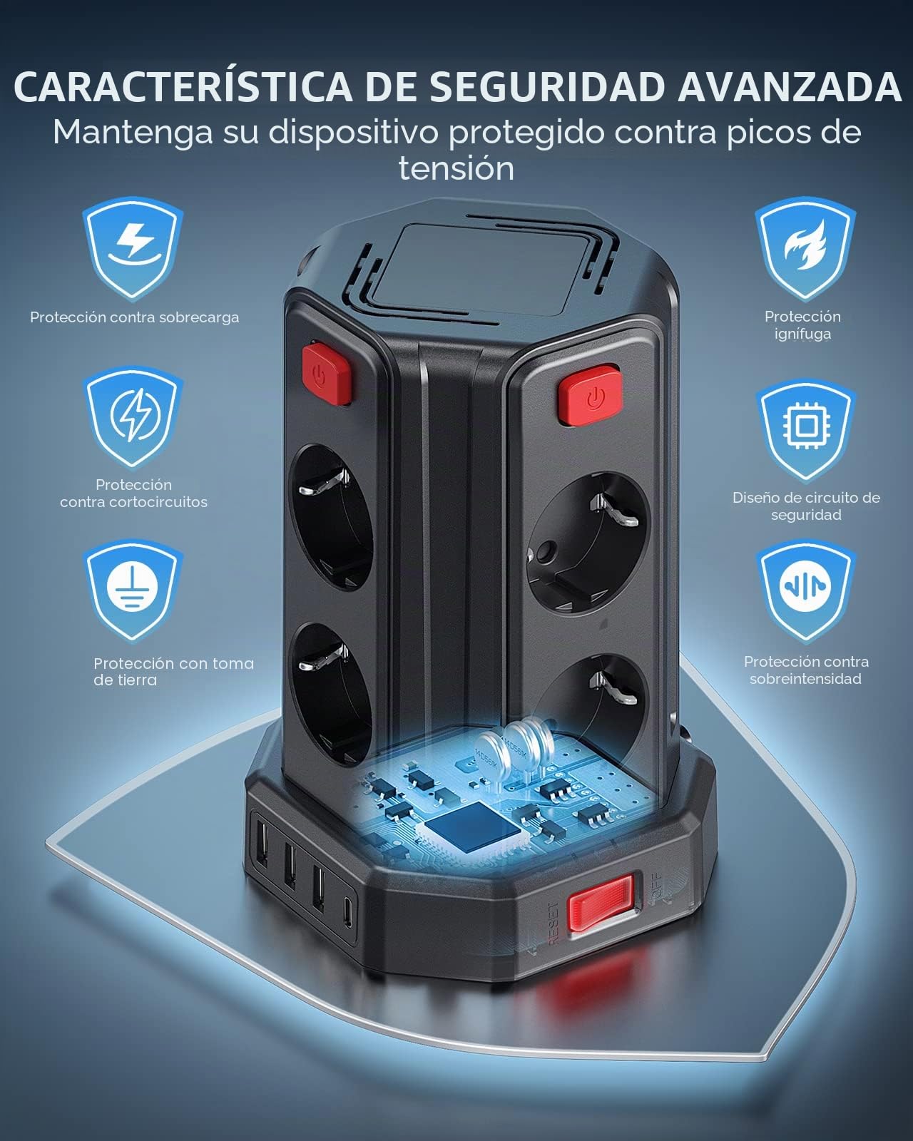 Torre Regletas Enchufes con Cable 3M, Regleta USB 8 Tomas de AC Corrientes y 4 USB, 2500W/10A, Regreltas Vertical con Interruptor para Mesa, Oficia, Casa…
