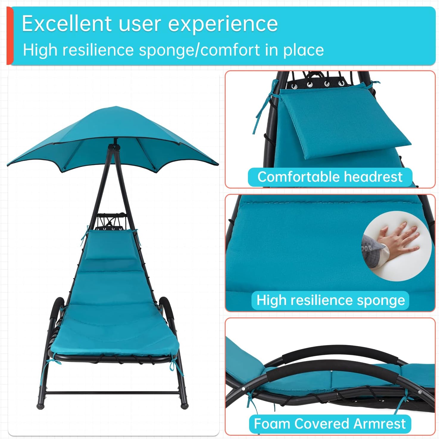 Lounge Chair Patio Chair Swing Hammock Chair Recliner Chair Arc Stand with Waterproof Canopy Removable Cushion and Headrest for Outdoor Indoor Patio Pool Garden Backyard Porch,Blue