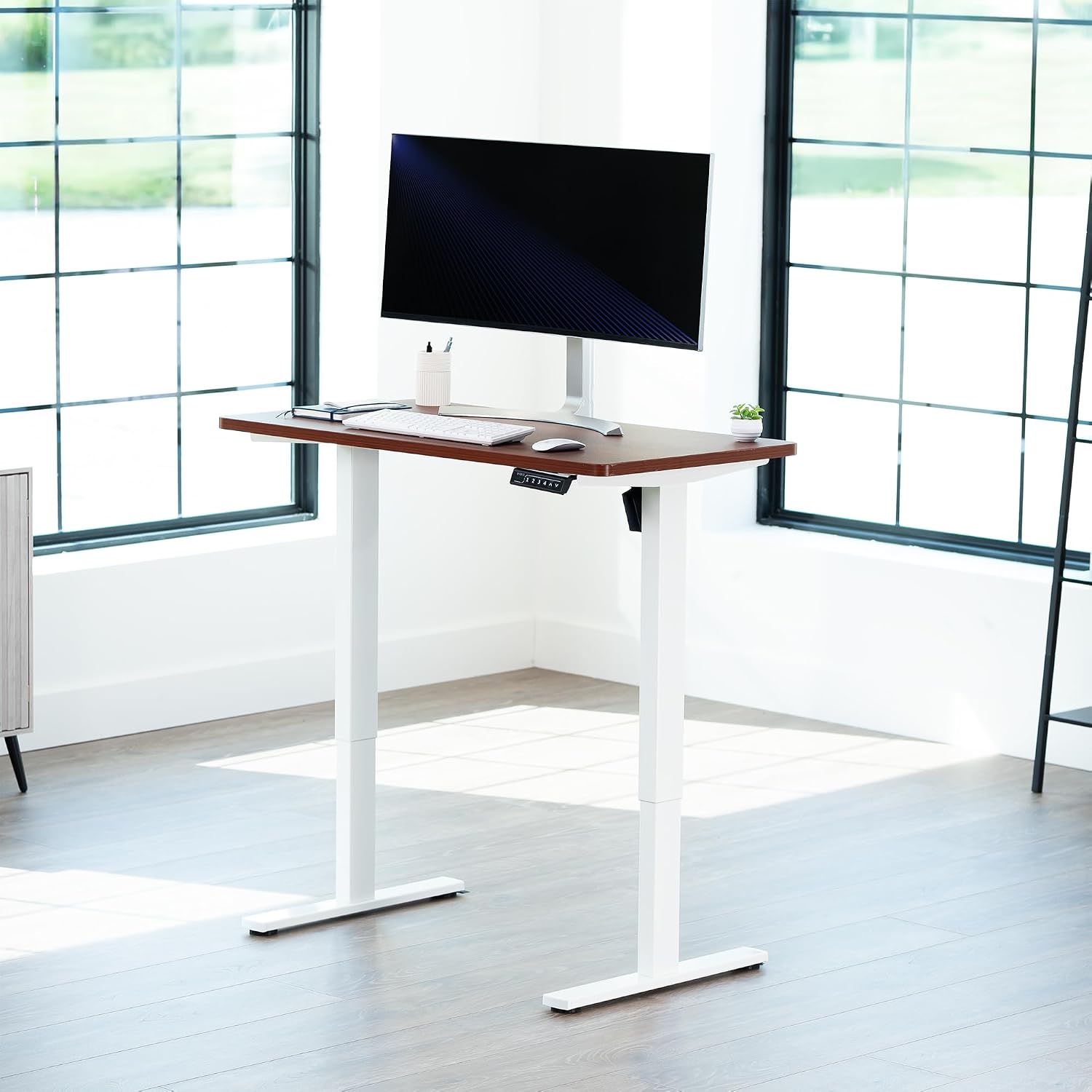 VIVO Electric 43 x 24 in Standing Desk, Memory Height Adjustment, 1B Series, Holds 220 lbs, One-Piece Dark Walnut Top, White Frame, DESK-KIT-1W4D thumbnail
