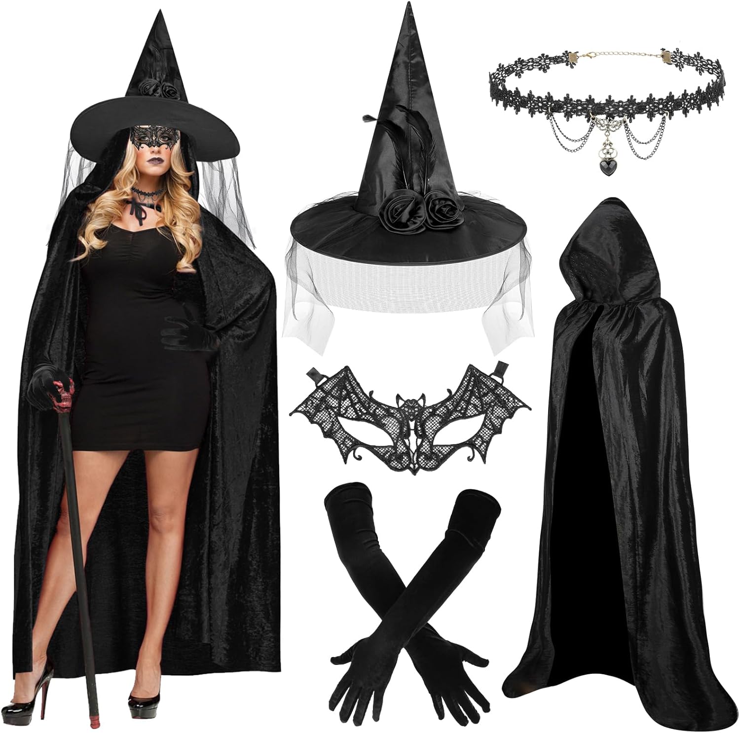Beipegin Disfraz Bruja Mujer Adulto,Capa Negra con Capucha Sombrero Bruja Máscara Collar Guantes Disfraz Halloween Mujer Vampiresa Cosplay Mascarada Fiesta