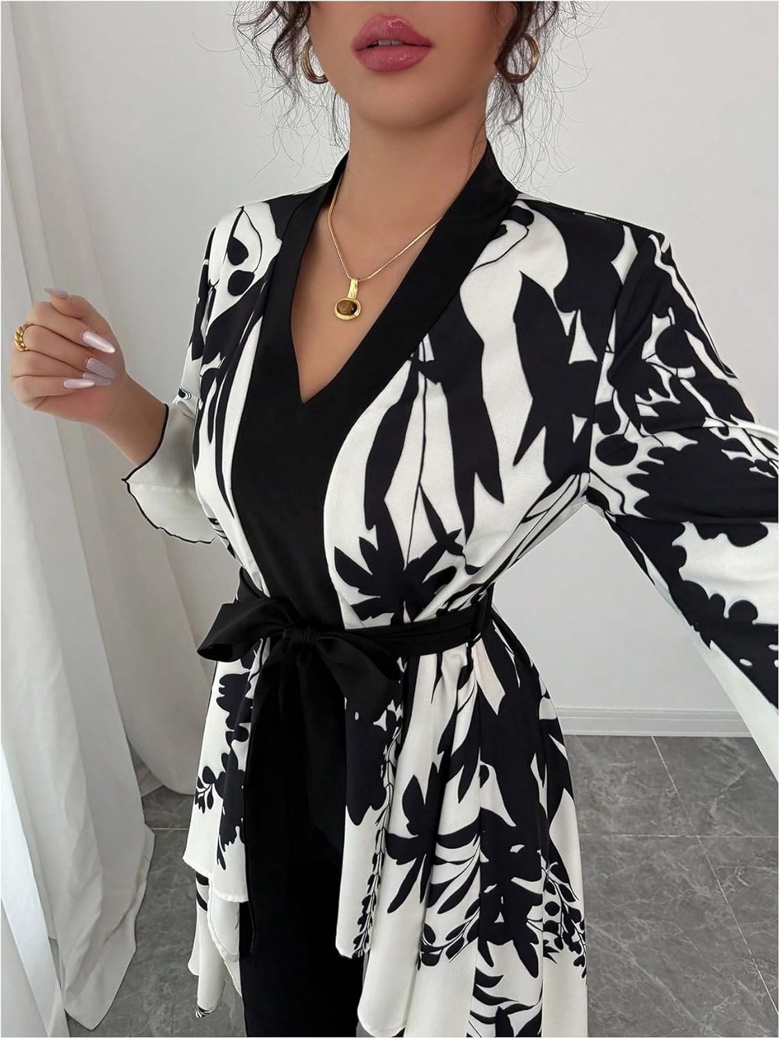 MakeMeChic Women's Floral Bell Sleeve Blouse V Neck High Low Tie Front Work Dressy Tops - Image 4