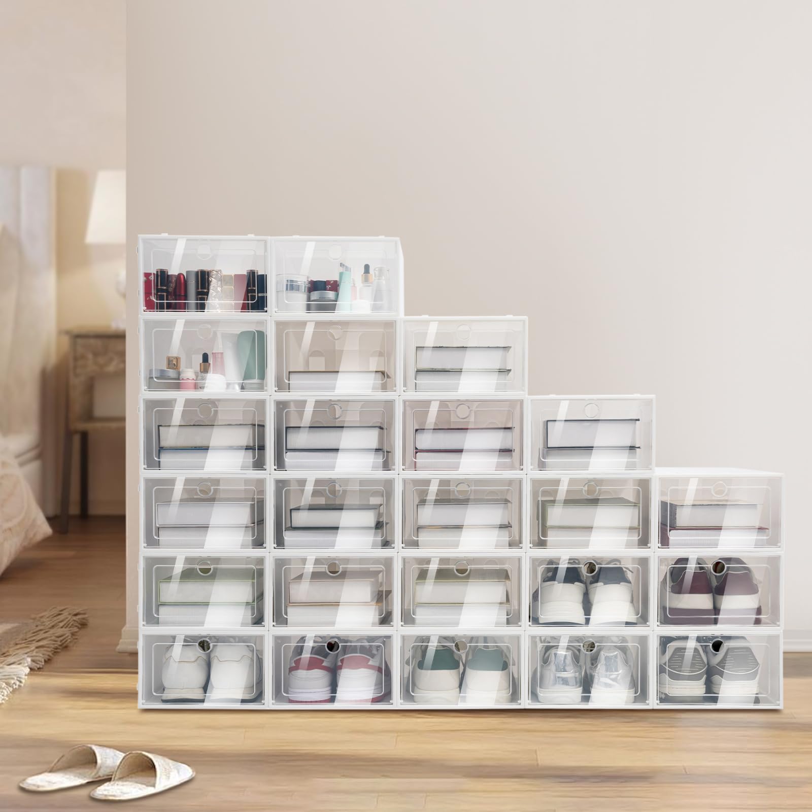 24 cajas de zapatos transparentes apilables, cajas de almacenamiento de zapatos, cajas de zapatos de plástico de gran volumen, tamaño cada uno: 33 × 23 × 14 cm